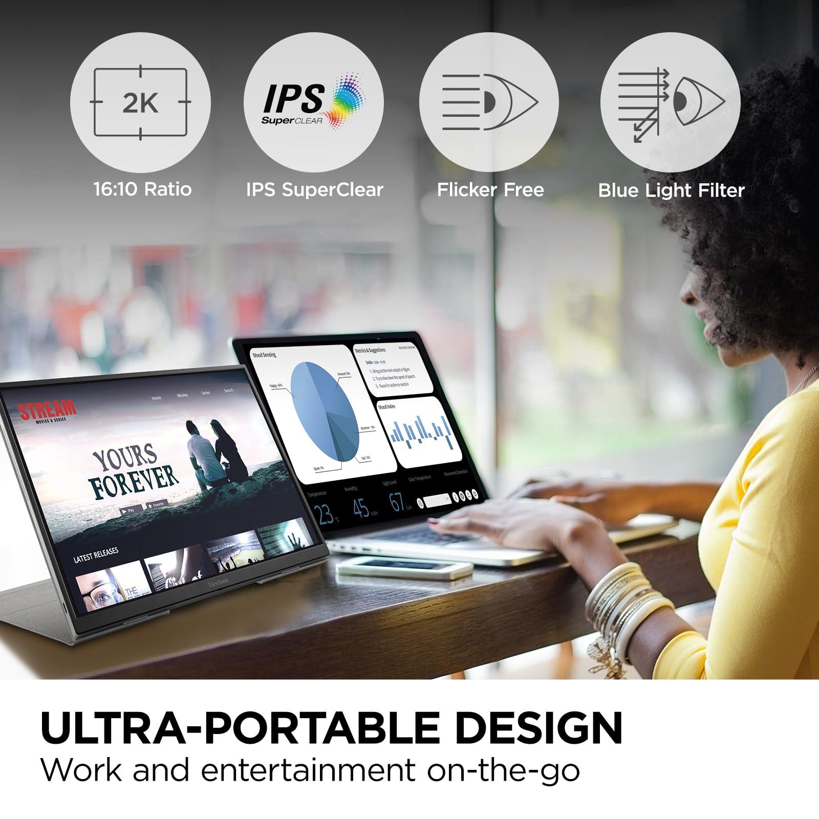 ViewSonic ViewSonic TD1656-2K 16 Inch WQXGA 1600p IPS Touchscreen Portable Monitor with 2 Way Powered 65W USB C, and Smart Cover with Built-in Stand