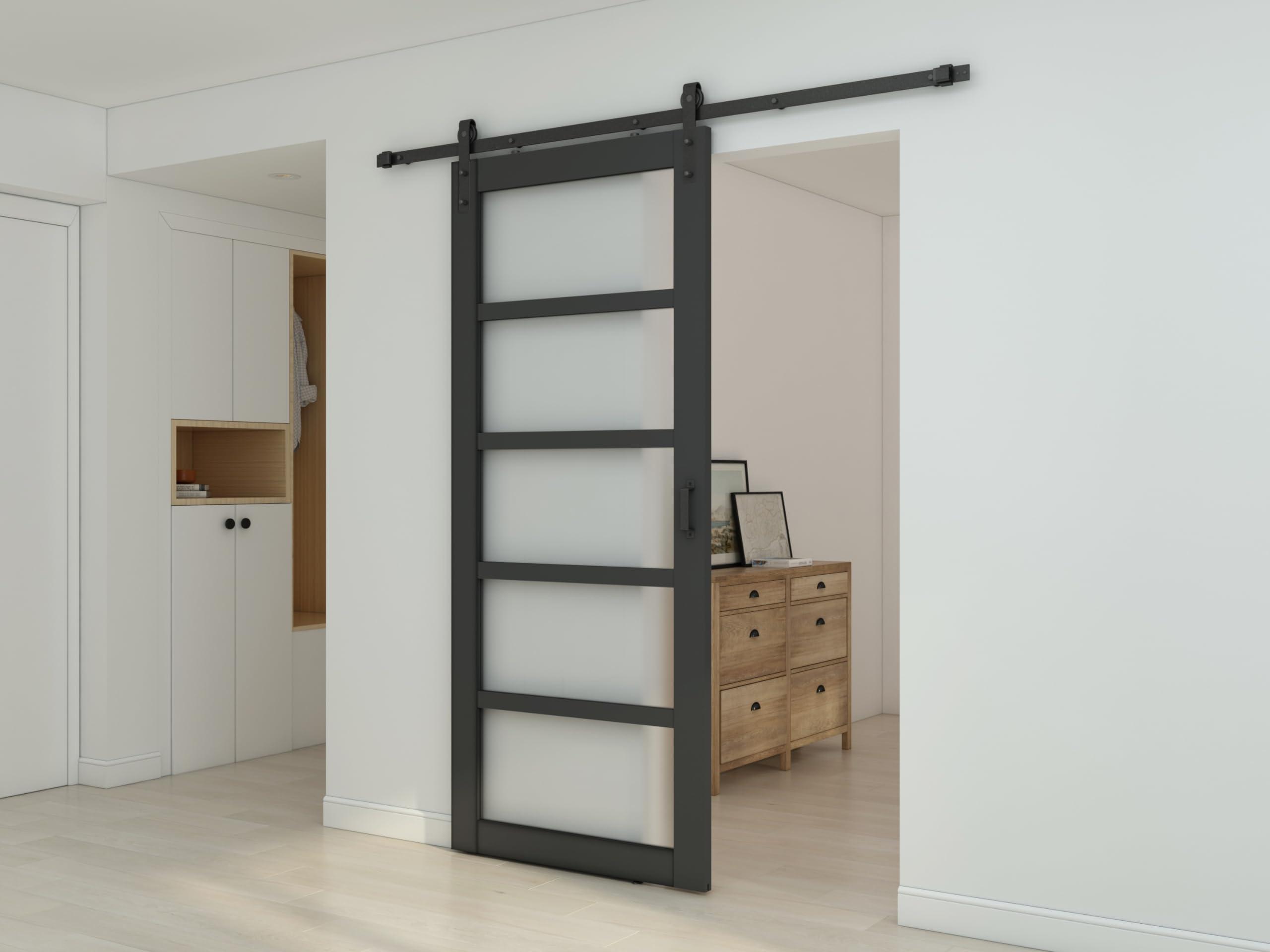 CALHOME Calhome 36 in. x 84 in. 5 Lite Pre Assembled Frosted Glass Black MDF Interior Sliding Barn Door with Hardware Kit Door Handle