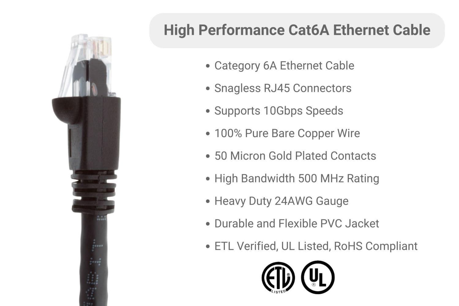 CablesAndKits CablesAndKits - Cat6a Ethernet Cable, Booted, Jacket: PVC (CM), 25 ft, Black, Pure Copper, RJ45 Computer & Networking Patch Cord