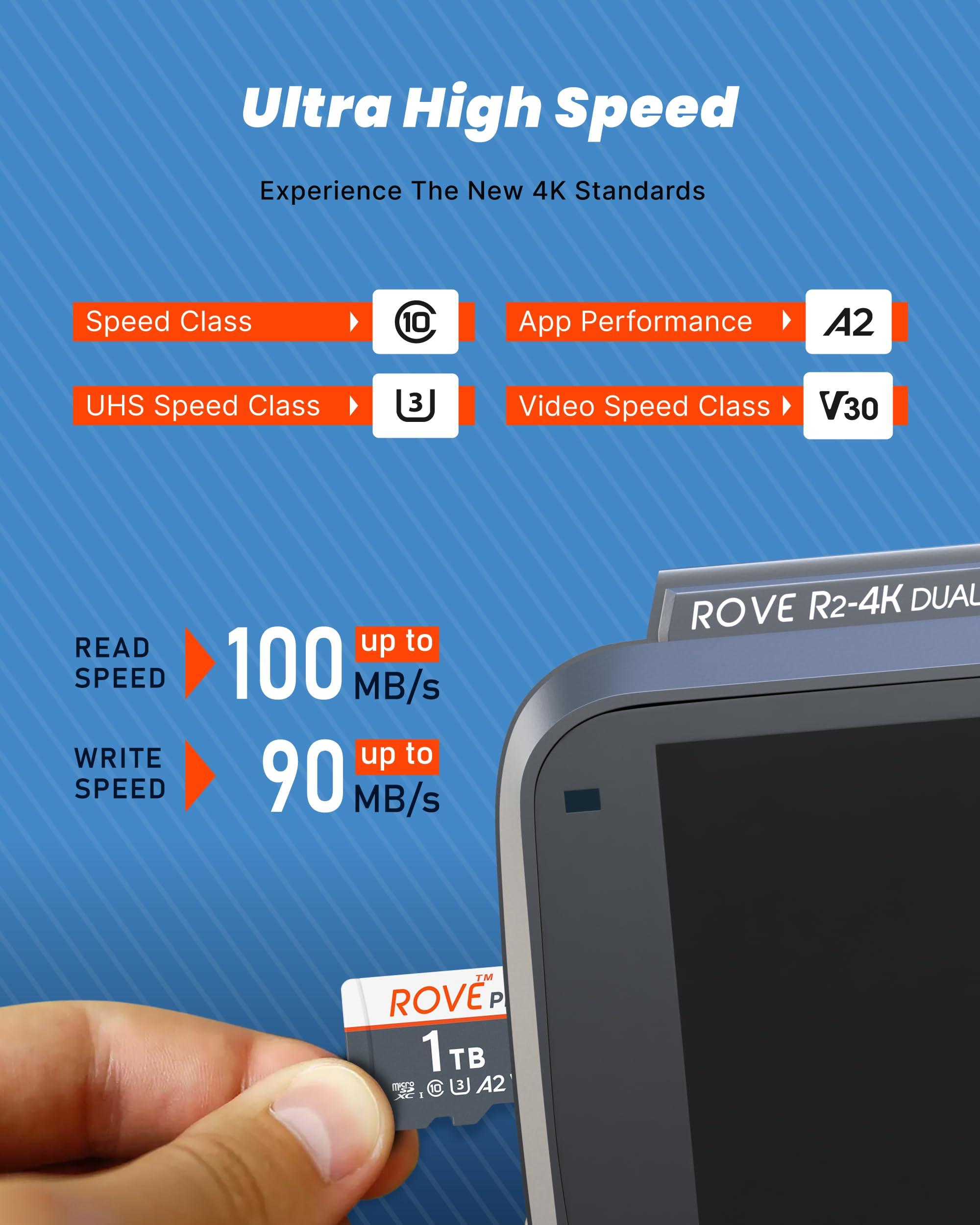 ROVE ROVE PRO 1TB Micro SD Card microSDXC Memory Card with Full-Size SD Adapter 100MB/s Read Speed, C10, U3, V30, 4K, A2 for R2-4K Dual Dash Cam, Android Smart Phones, Tablets, Games