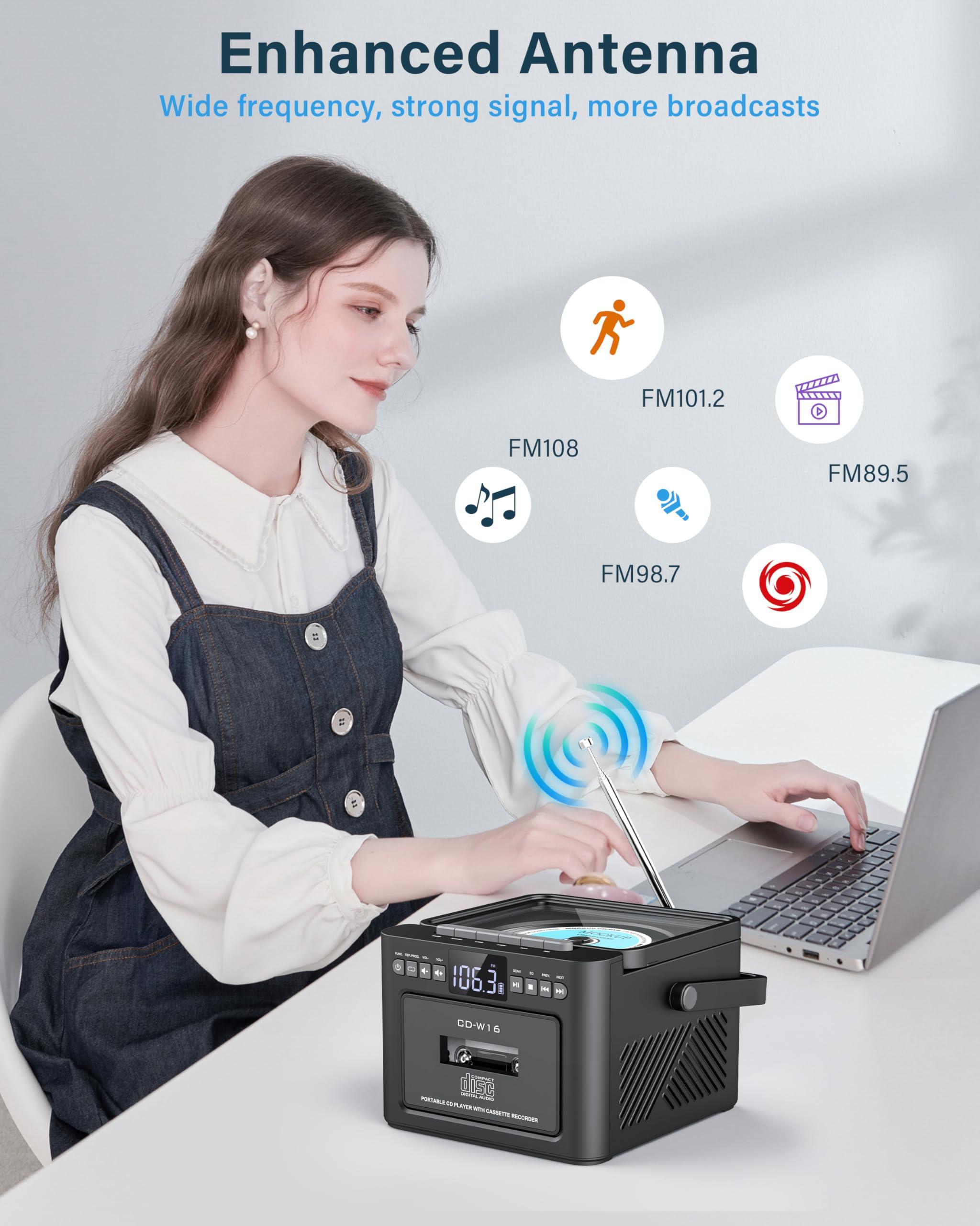 Greadio Greadio Boombox CD and Cassette Player Combo, 5000mAh Rechargable CD Player Boombox with Bluetooth Receive/Transmit/FM Radio/USB/TF/AUX/Remote Control, Boom Box CD Cassette Player for Home Outdoor