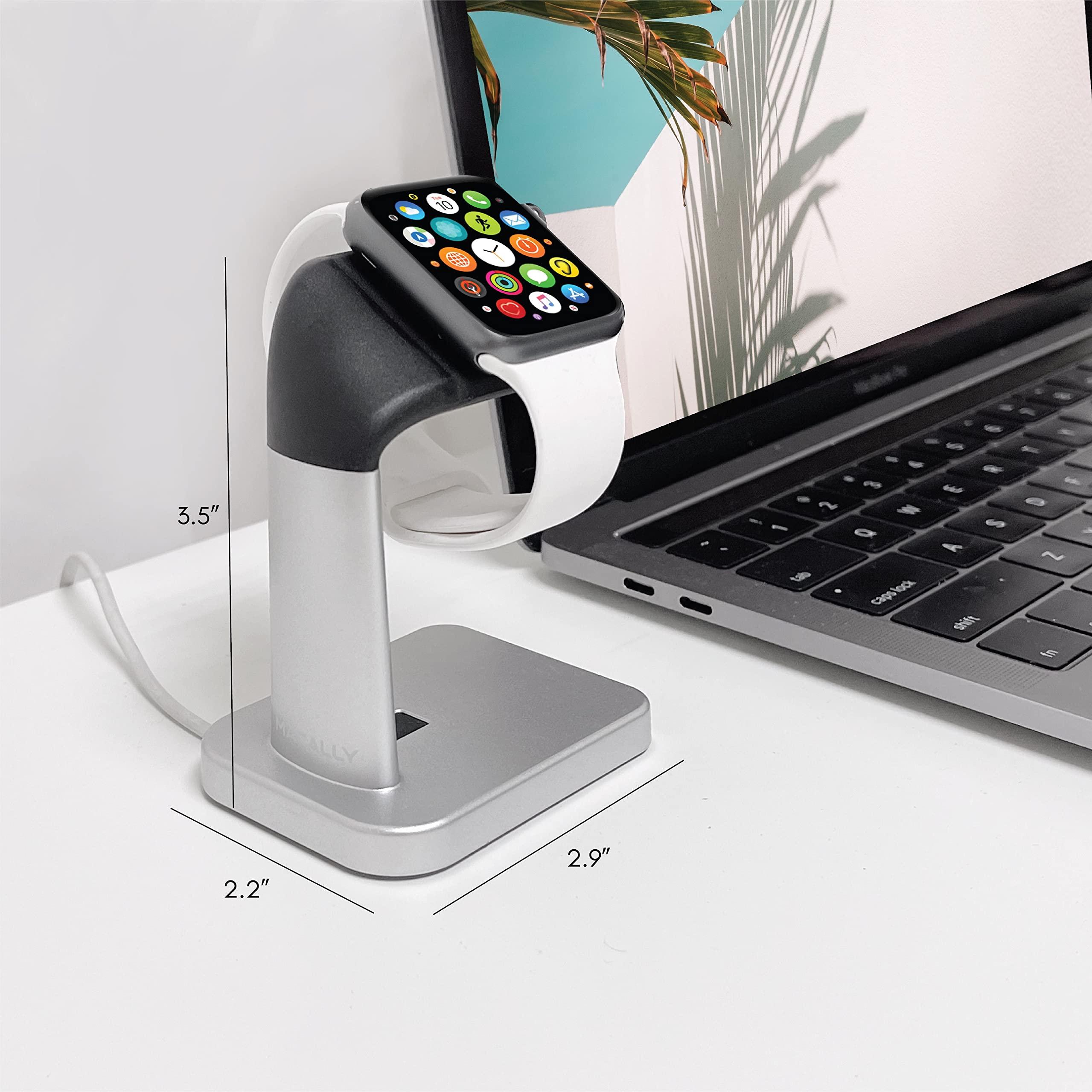 Macally Macally Apple Watch Stand for Series Ultra 9 8 7 6 5 4 3 2 1 SE (49mm 45mm 44mm 42mm 41mm 40mm 38mm) - Apple Watch Charger Stand Dock Holder - Sleek Desk iWatch Charging Station - Silver