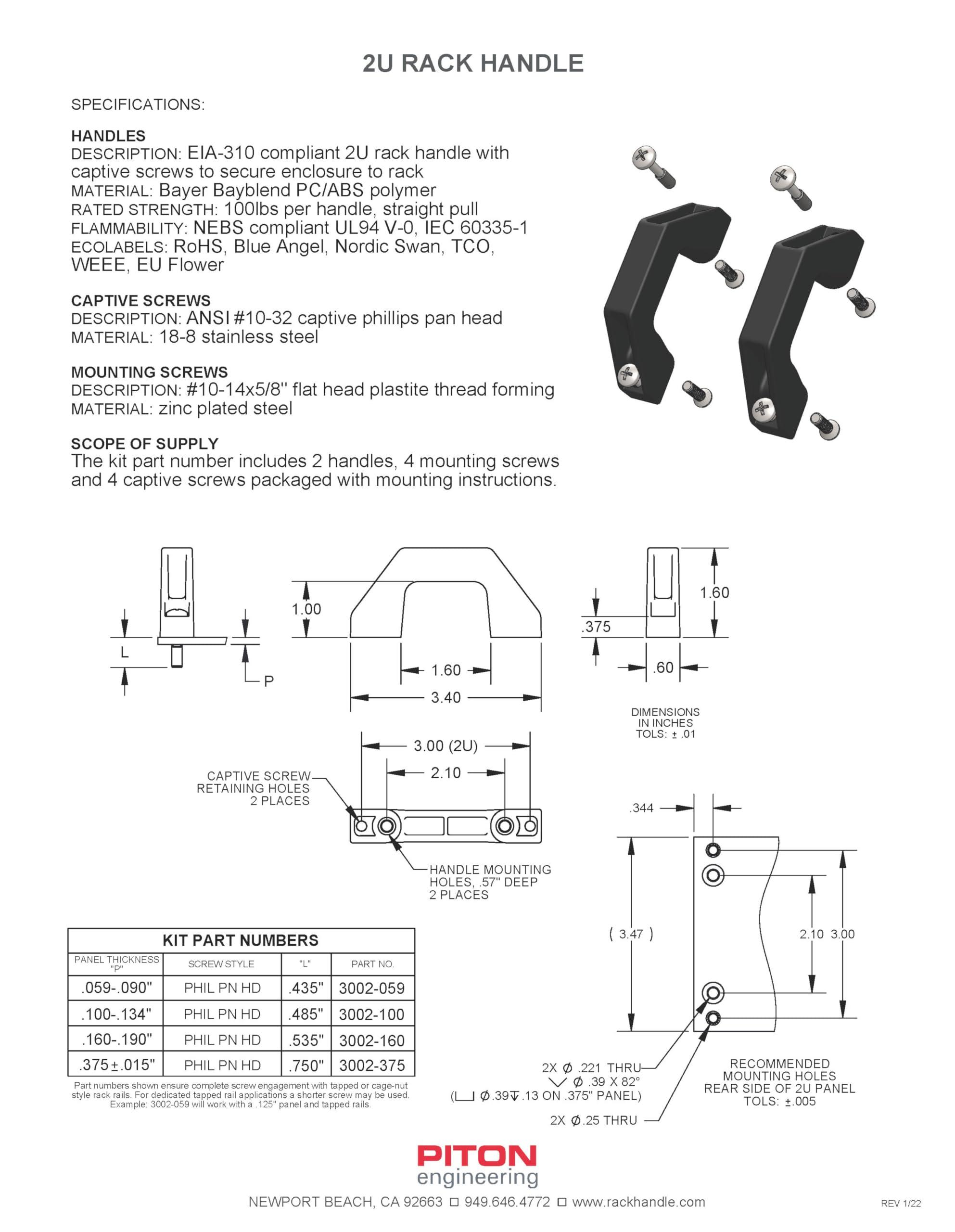 Piton Engineering 2U Rackmount Handle, .16-.19\" Front Panel