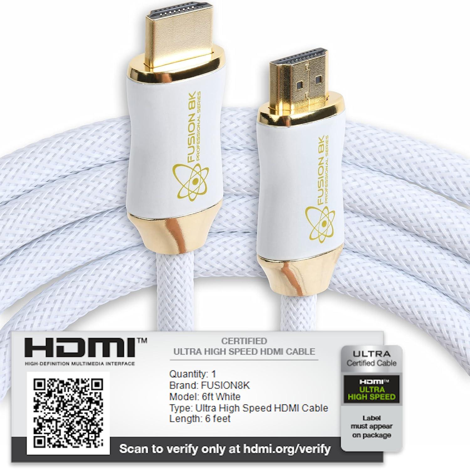 Fusion8K Fusion8K White HDR HDMI 2.1 Certified Cable Supports 10K 8K @60Hz and 4K @120Hz Compatible with Dolby Vision and All TVs, BluRay, Xbox Series X, PS5 (6 Feet)