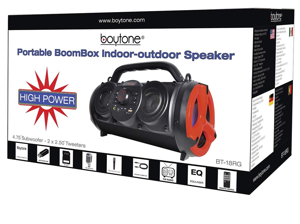 Boytone Boytone, Portable Bluetooth Boombox Speaker, Indoor/Outdoor, 25W, Loud Sound, Deeper Bass, 5\" Subwoofer, 3.25 Tweeter, FM, USB, Micro SD, Microphone, DC 5V to USB Charging Connector Cable (BT-18RD)
