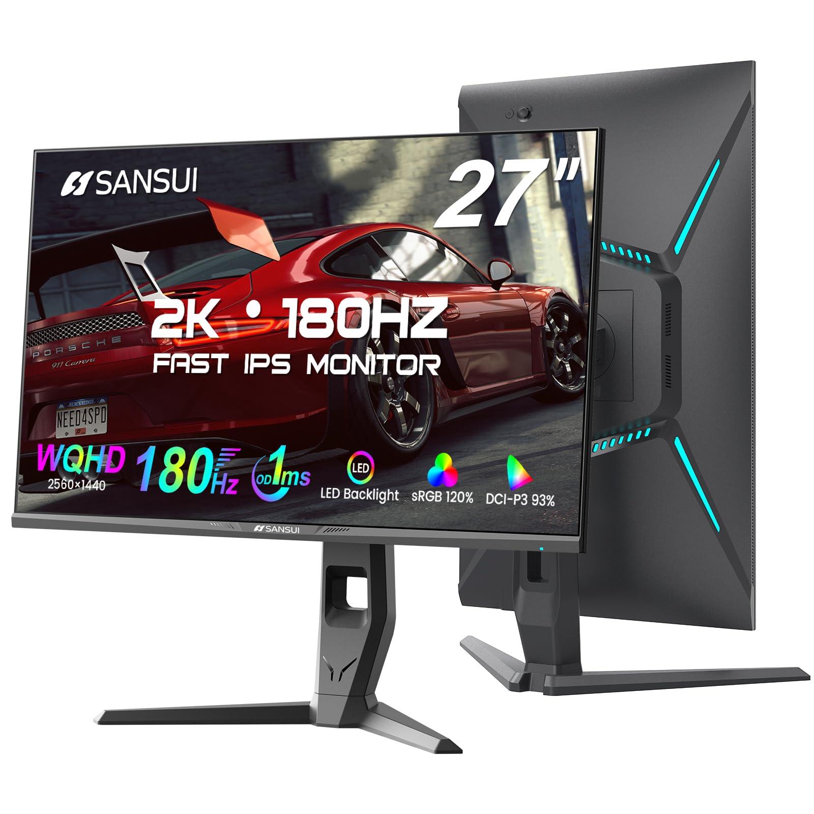 SANSUI SANSUI 27 inch WQHD 180Hz Gaming Monitor 1440P-AMD FreeSync 1ms DCI-P3 93% Fast IPS Computer Monitor,Height Adjustable Vertical/Horizontal Rotating, 2DisplayPort/HDMI HDRLow Motion Blur Speakers