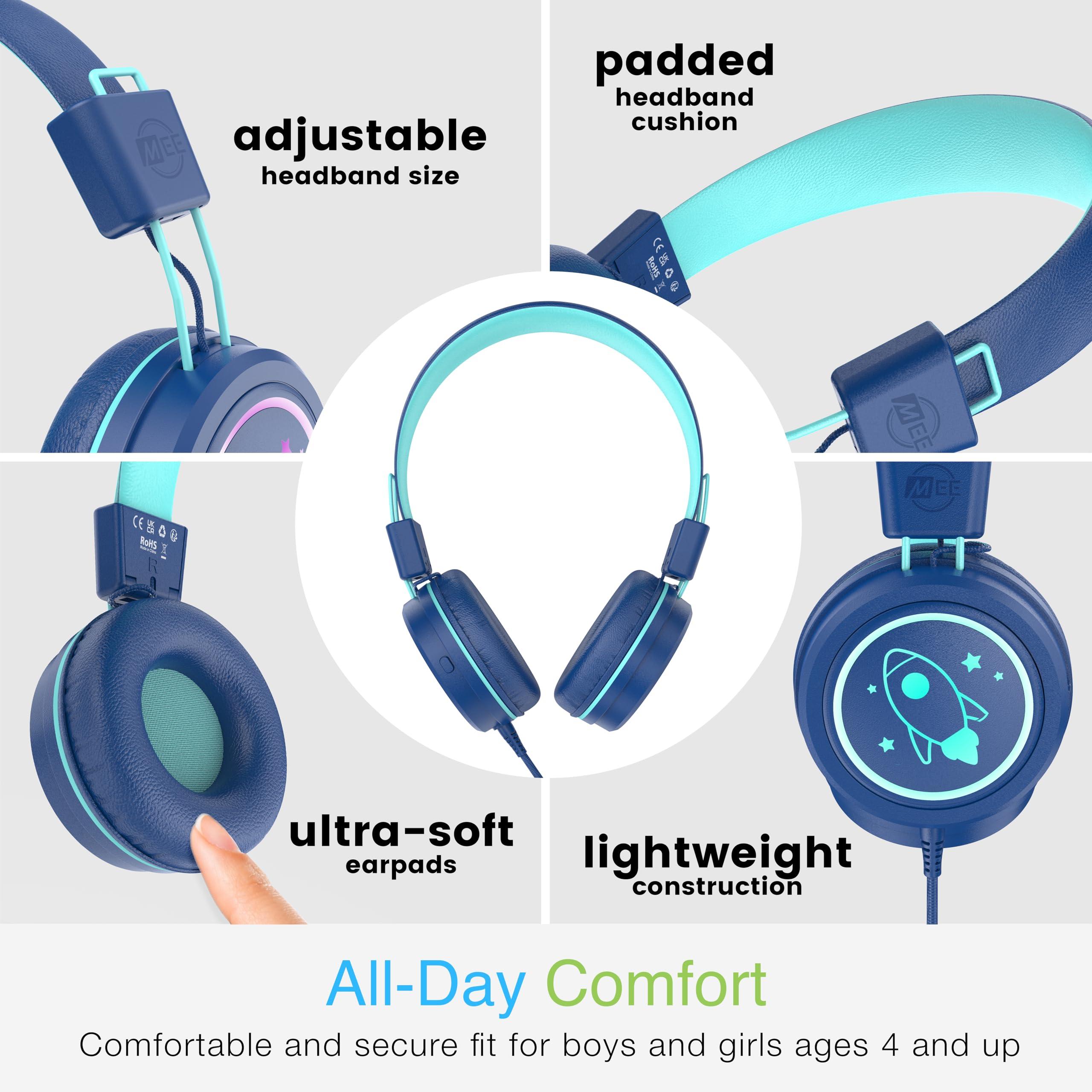 MEE audio MEE audio KidJamz KJ55 Safe Listening USB-C Headphones for Children with Multicolor LED Lights, Volume Limiter, & Microphone; On-Ear Wired Kids Headset for iPhone 16, iPad, & USB Type C Devices (Blue)