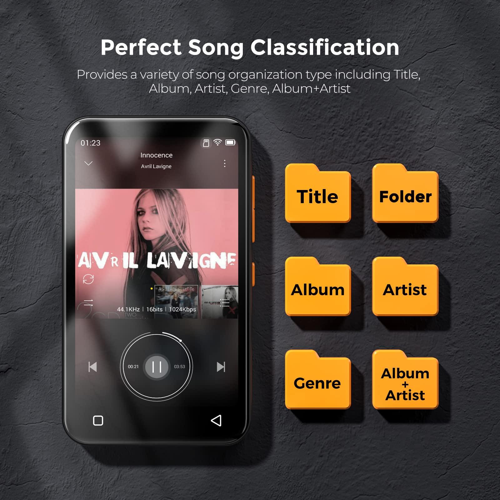 TIMMKOO TIMMKOO 72GB MP3 Player with Bluetooth, 4.0\" Full Touchscreen Mp4 Mp3 Player with Speaker, Portable HiFi Sound Mp3 Player with Bluetooth, Voice Recorder, E-Book, Supports up to 512GB TF Card (Black)