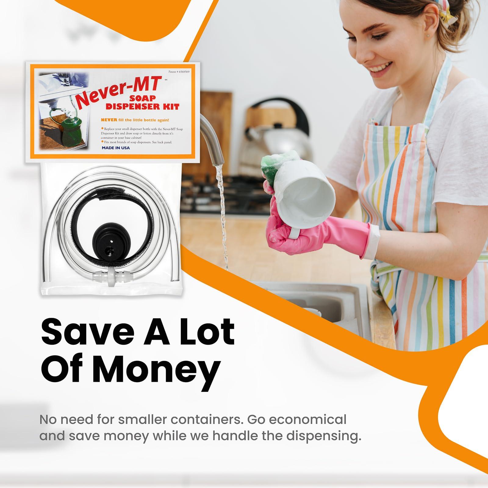 NEVER - MT Never - MT - The Original Soap Dispenser Conversion Kit - Made in The USA - Kitchen Sink Extension Tube Kit - Never Fill The Little Bottle Again!