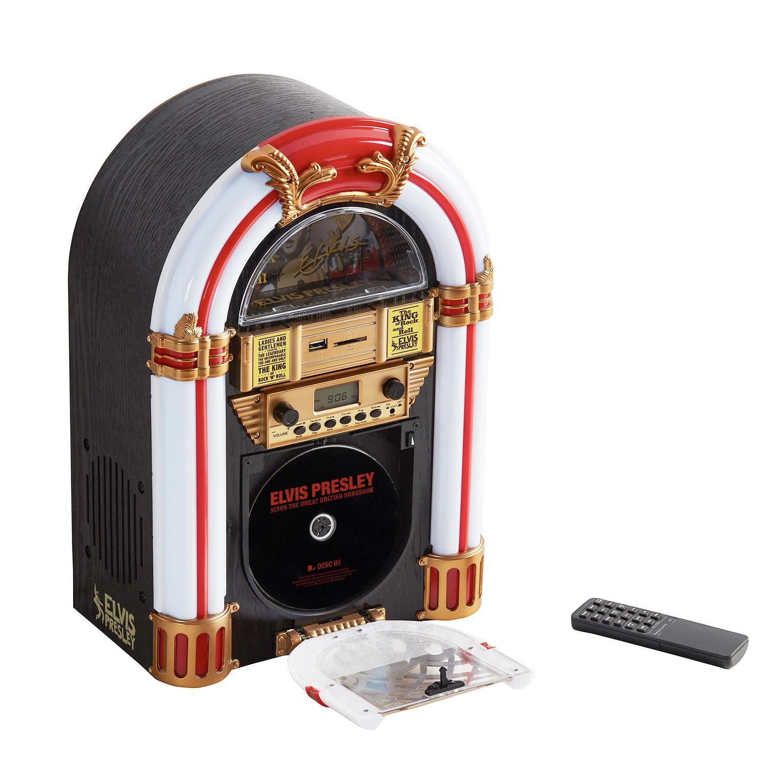 Elvis Presley Arkrocket x Elvis Presley Mini Jukebox/Tabletop CD Player/Bluetooth Speaker/Radio/USB and SD Card Player with Retro LED Lighting System (Limitied Edition), Black Gloden