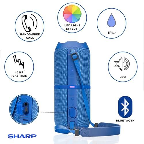 Sharp Sharp GX-BT390 Crystal Clear Series Bluetooth Speaker | Waterproof IP67 | 10 Hour Playtime | 2 Light Modes | 60W Max Power with Strong Bass | True Wireless Pairing | Hands-Free Calling | Strap | Blue