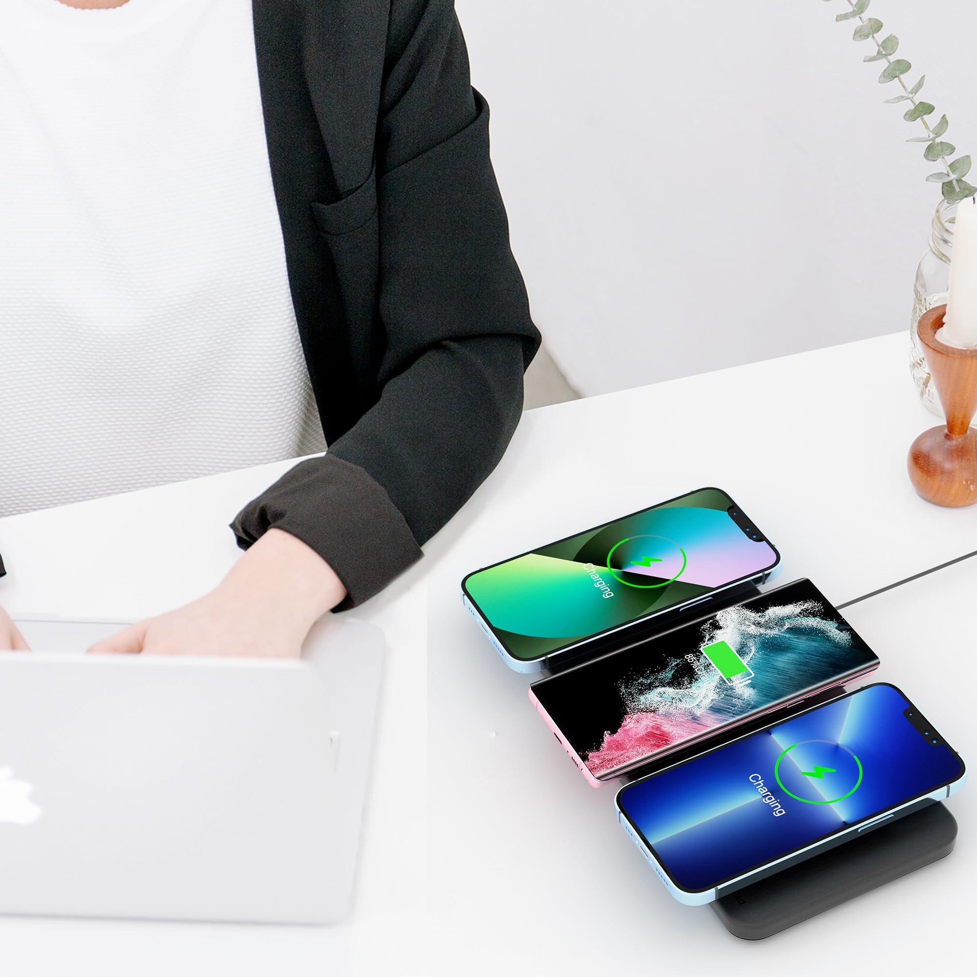 JE Make IT Simple Triple Wireless Charger Pad - 15W Fast Charging Station for Apple iPhone 15/14/13/12 Pro/Max/Plus, AirPods, Qi-Certified 3-in-1 Charging Mat for Multiple Devices One-Step Wireless Charging Solution