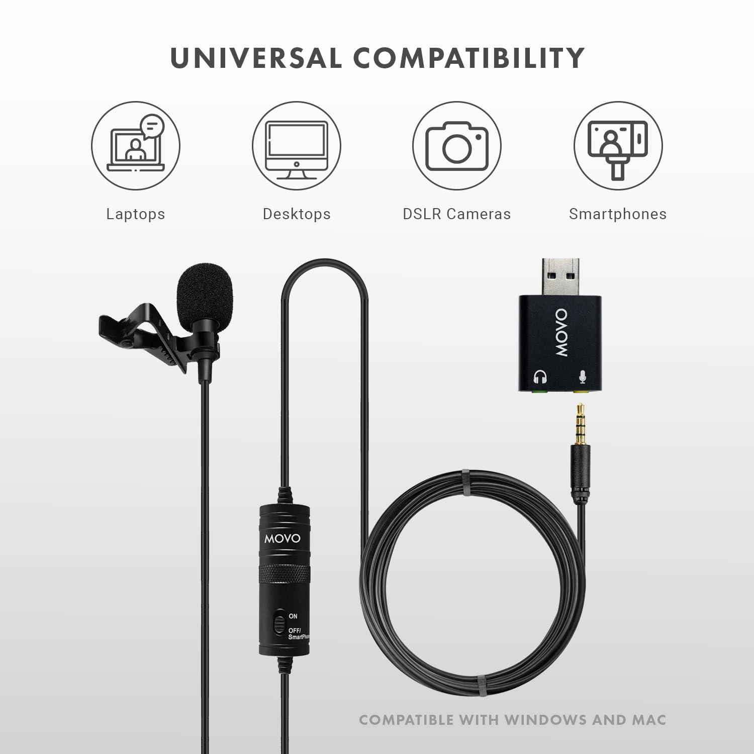 Movo Movo LV1-USB Lavalier Microphone for Camera, Lapel for iPhone and Android Smartphones, Body Lav Mic, Clip On Microphone for 3.5mm, Shirt Lapel Mic for Phone, GoPro, Interview, Computer, PC