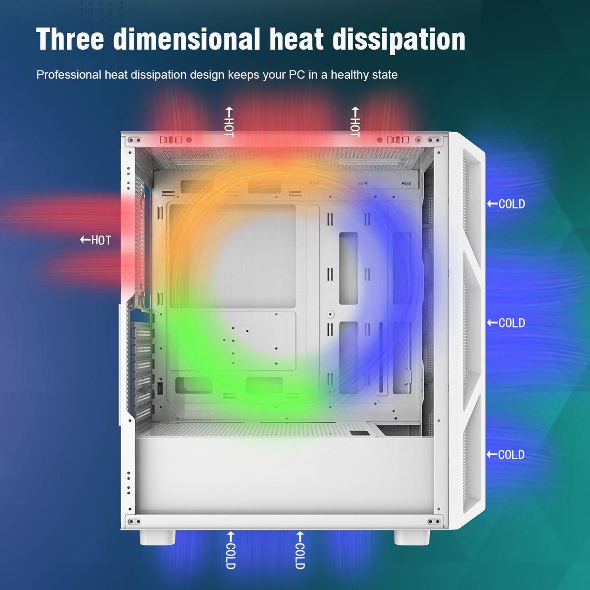 RUIX RUIX CV103 ATX Mid-Tower PC Case, Pre-Installed 4 x 120mm RGB Fans, RGB Color Lighting, Tempered Glass, USB 3.0, Gaming Computer Case, High-Airflow - White