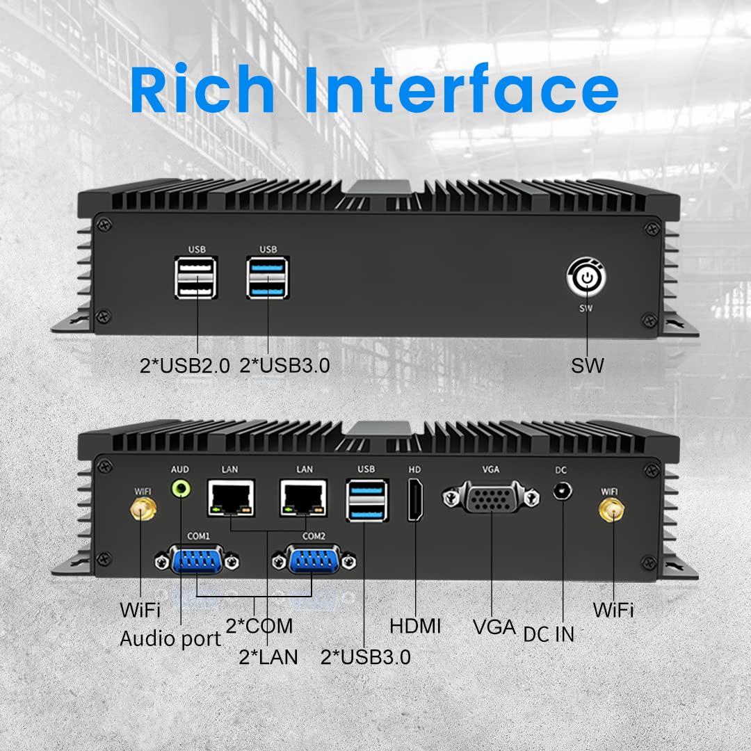 Kinupute Kinupute Fanless Mini PC, Industrial Desktop Computer Core i7-5500U 2.4-3.0GHz, Windows 10 Pro, 16GB RAM, 512GB SSD, 2xNICs, 2xCOM RS232, 4xUSB 3.0, HDMI/VGA Ports, Support Auto Power On