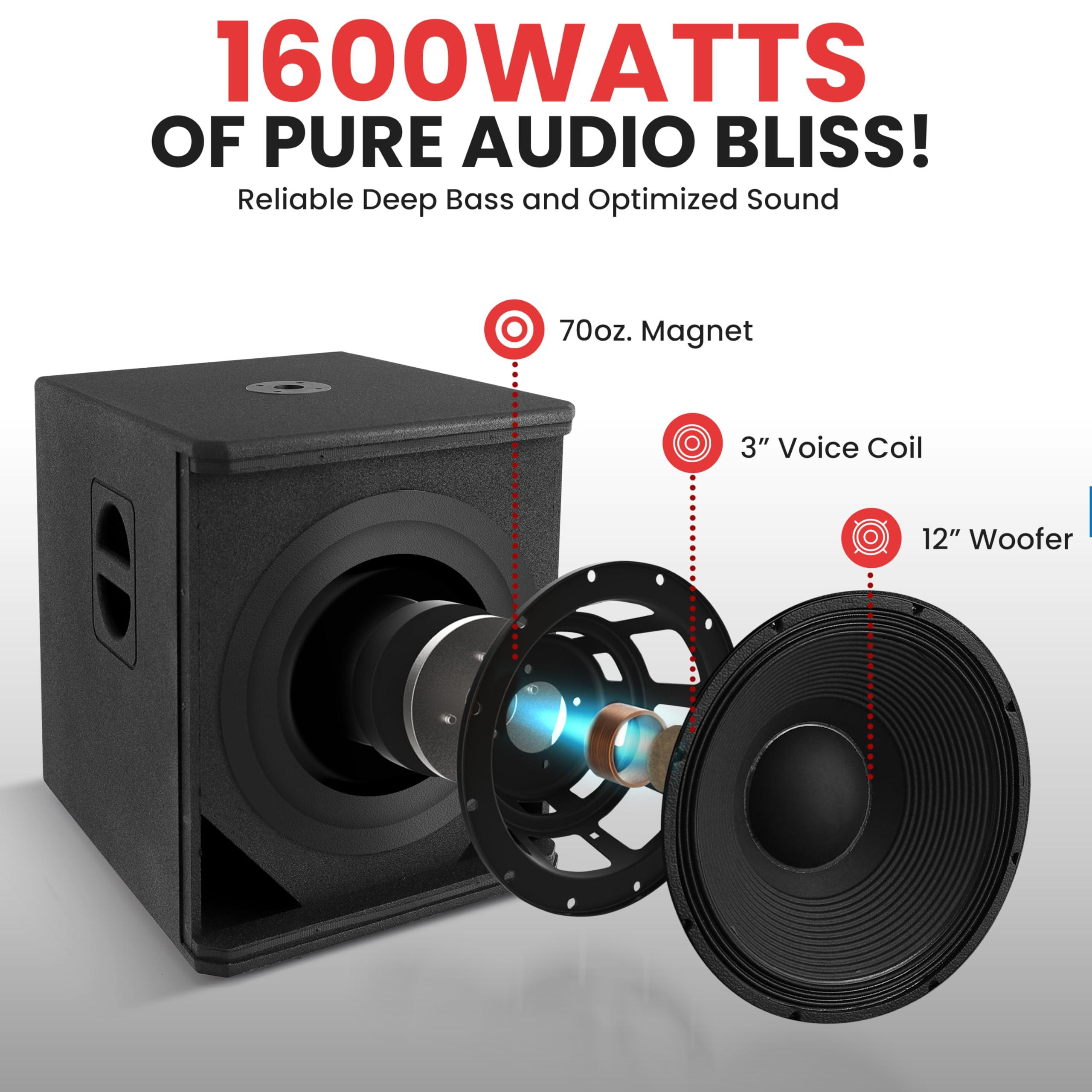 Pyle Pyle 1600 Watt Box Subwoofer Speaker System Set - Active Powered 12 inch Woofer for PA System, Louder Bass, with DSP Digital Signal Processor, Built-in Pole Mount Socket & Carrying Handles