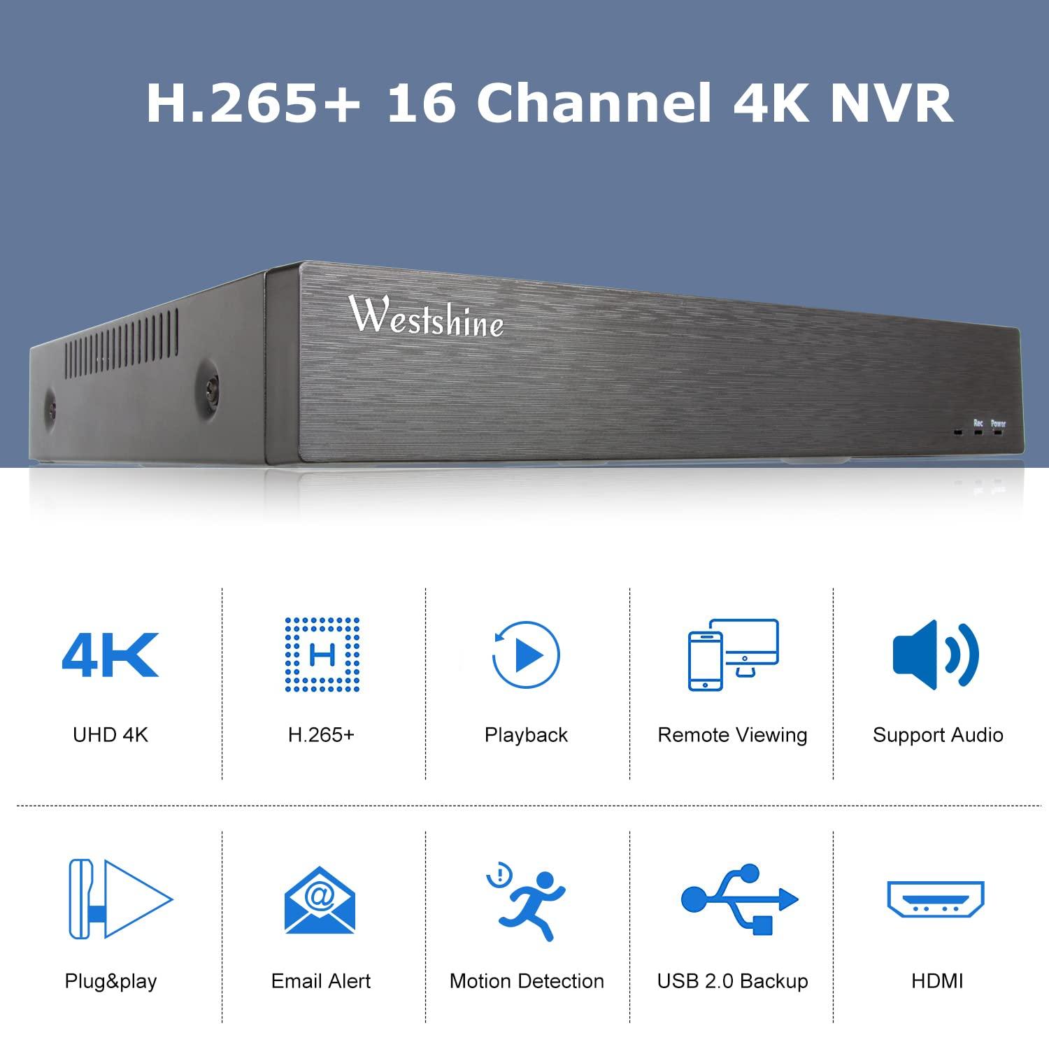 WESTSHINE Westshine 4K NVR 16-Channel Surveillance Network Video Recorder, 16CH 4K/5MP/4MP/3MP/1080P NVR for Home Security CCTV System, Supports up to 16 x 4K IP Cameras, P2P Remote View(Hard Disk Not Included)