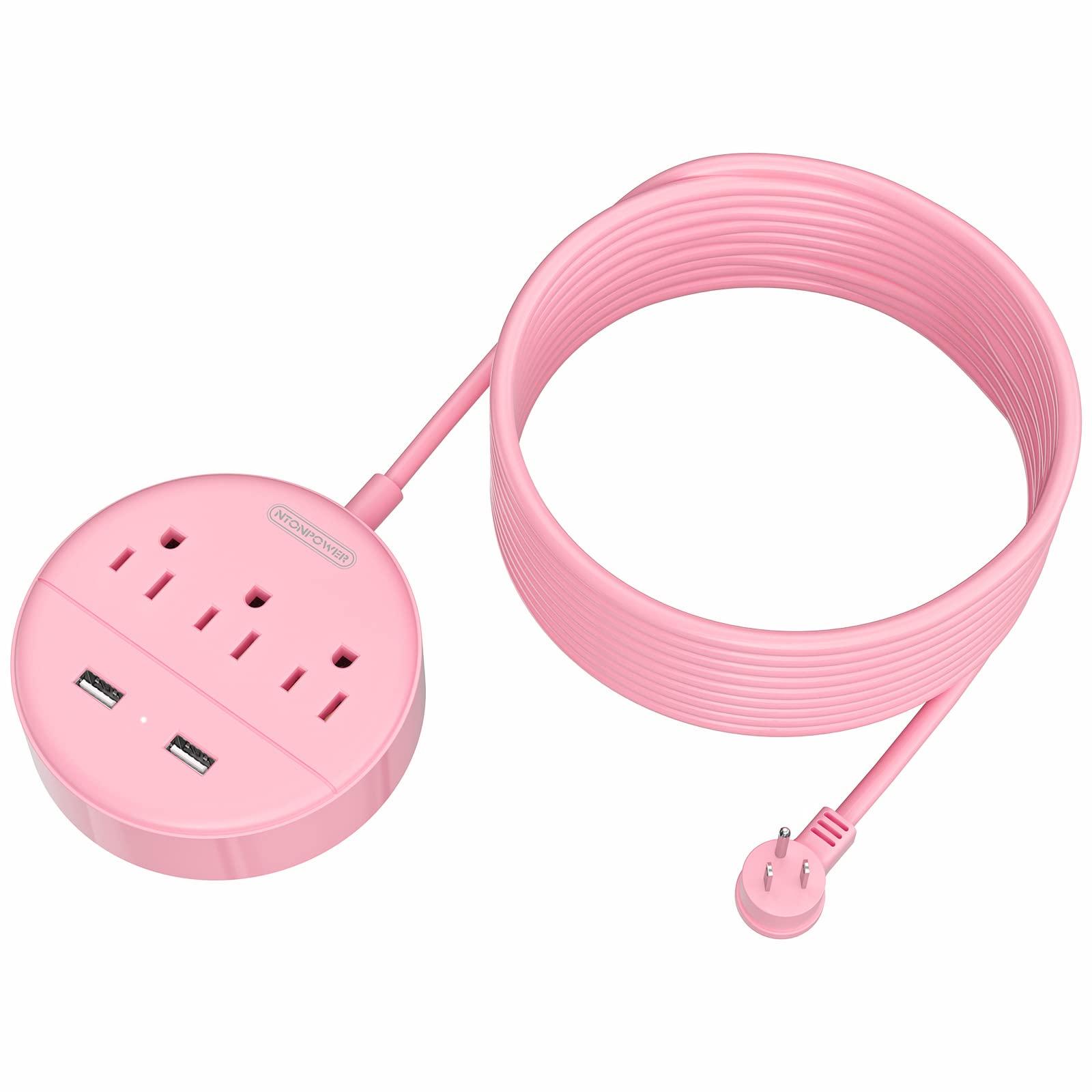 NTONPOWER Pink Extension Cord 15ft, NTONPOWER Flat Plug Power Strip with Long Extension Cord, 3 Outlet 2 USB Desktop Charging Station Wall Mount for Home, Dorm Room, Office and Nightstand, ETL Listed