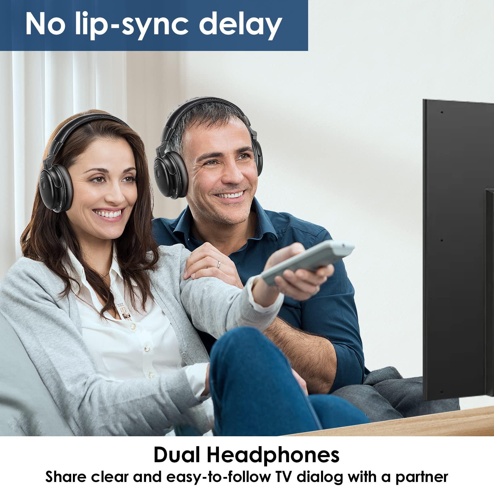 SIMOLIO SIMOLIO Dual Wireless TV Headphones with 2 Spare Batteries/Transmitter/Charging Stand 2-in-1, Wireless TV Headphones w/Dialogue Clarity & BAL & Tone Control, by-Pass, 100ft Range