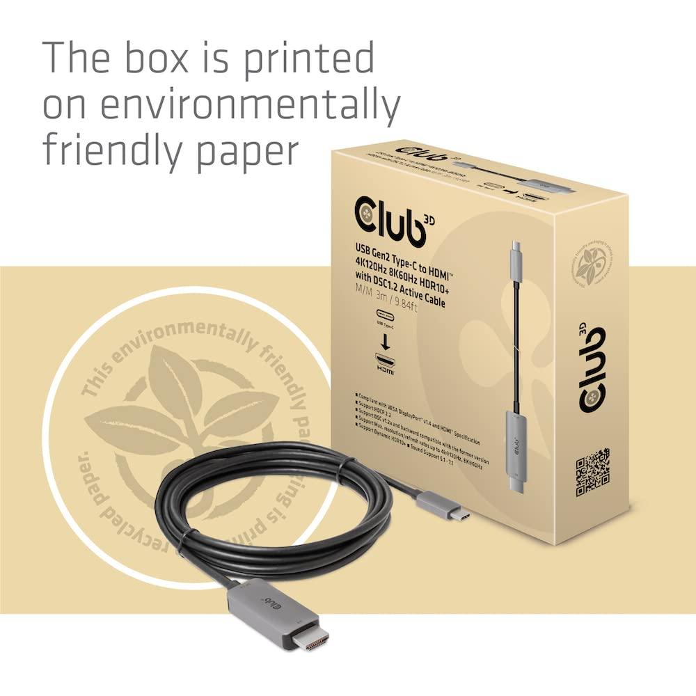 Club 3D Club 3D USB Gen2 Type-C to HDMI 4K120Hz/8K60Hz HDR10, DSC1.2 Active Cable M/M 3 m