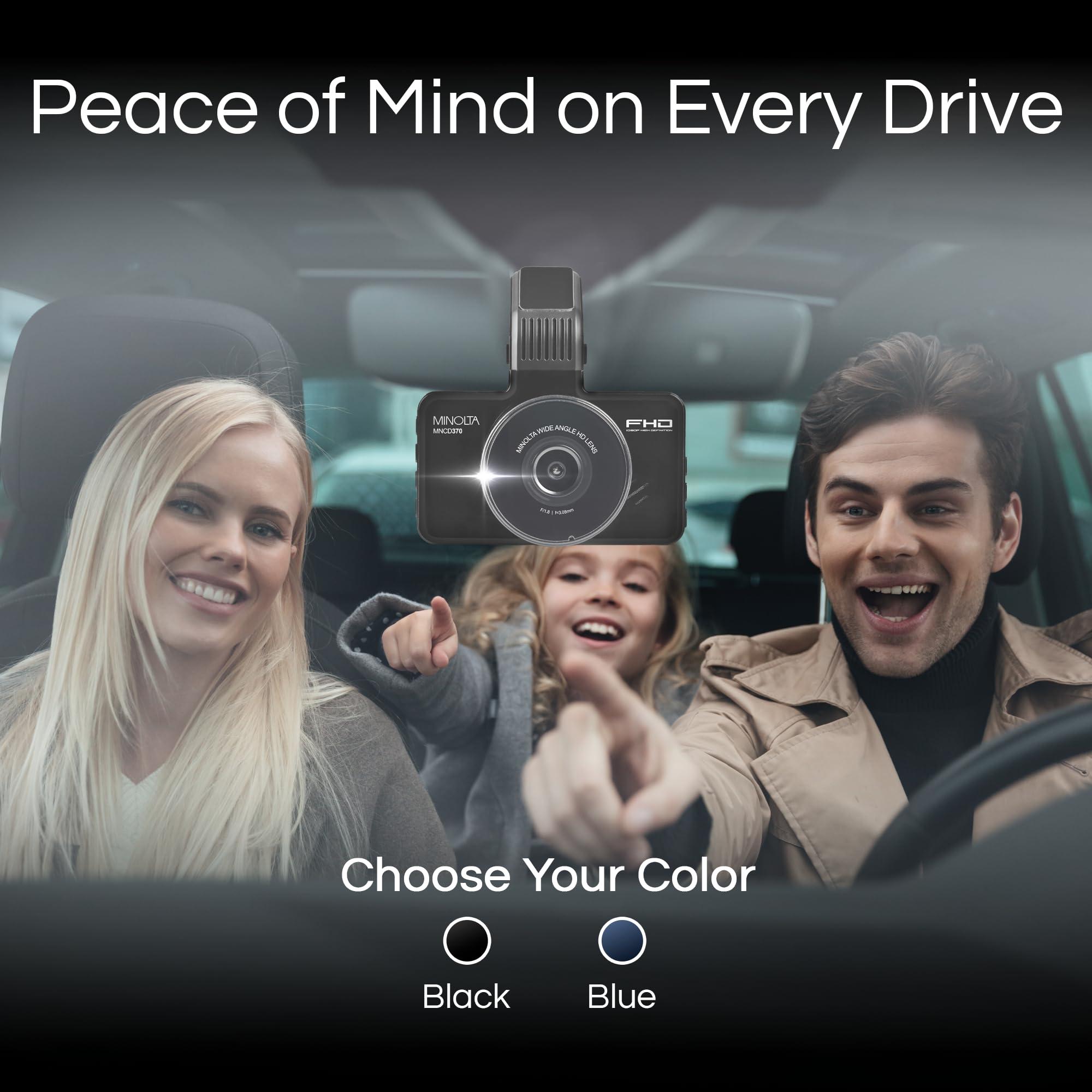 Minolta Minolta 1080p Dash Cam with G-Sensor - 3.0" LCD, 120 Wide-Angle Lens, Loop Recording, Parking Monitor, Emergency Lock, USB Power, Windshield Mount, 16GB Card Included, Compact (Black)