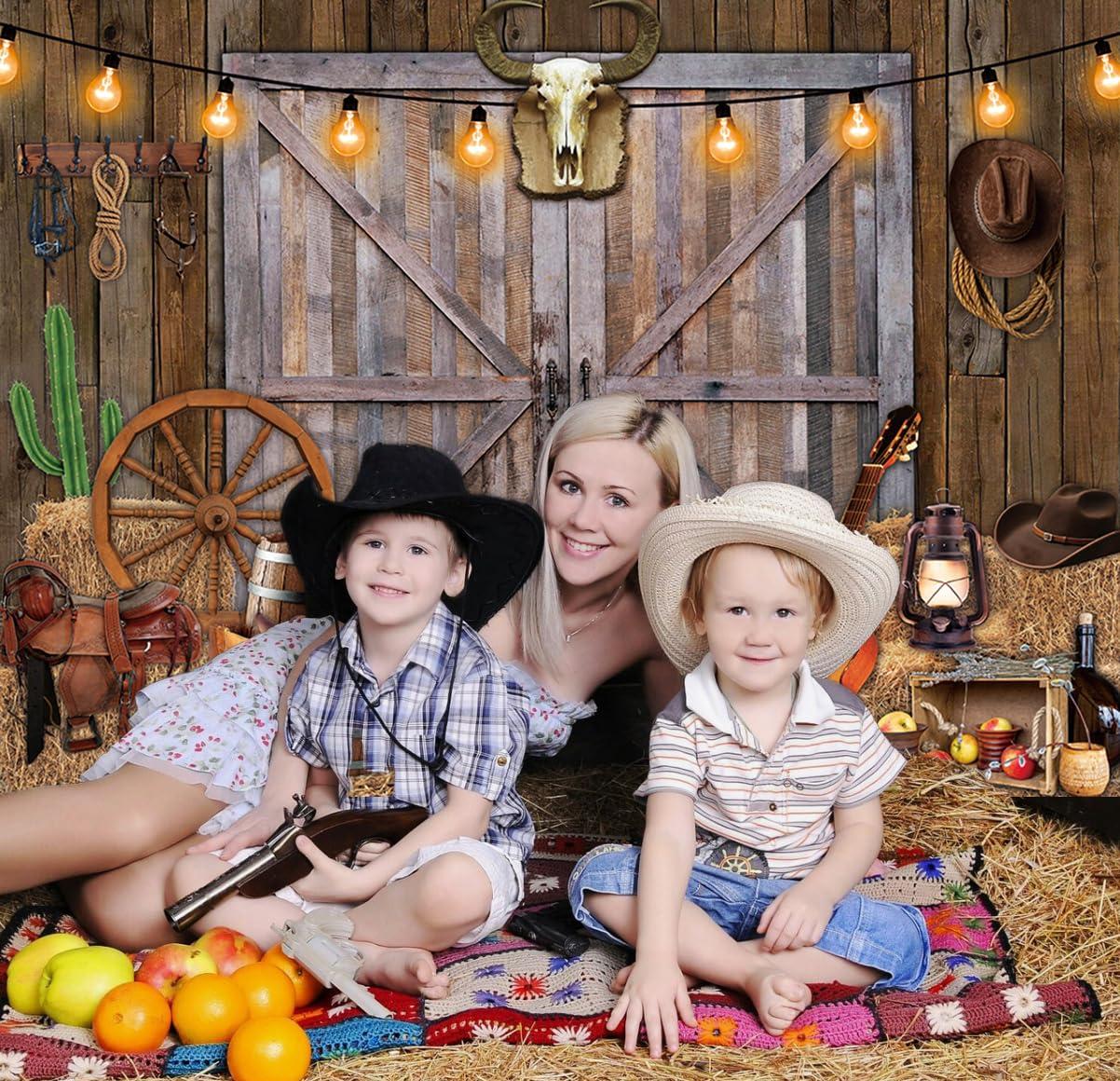 TENCOW Western Cowboy Backdrop 8x6FT Western Party Decorations Banner Wild West Rustic Wooden Barn House Photography Background for Cowboy Theme Party Decoration Banner Photo Booth (96x72 inch)