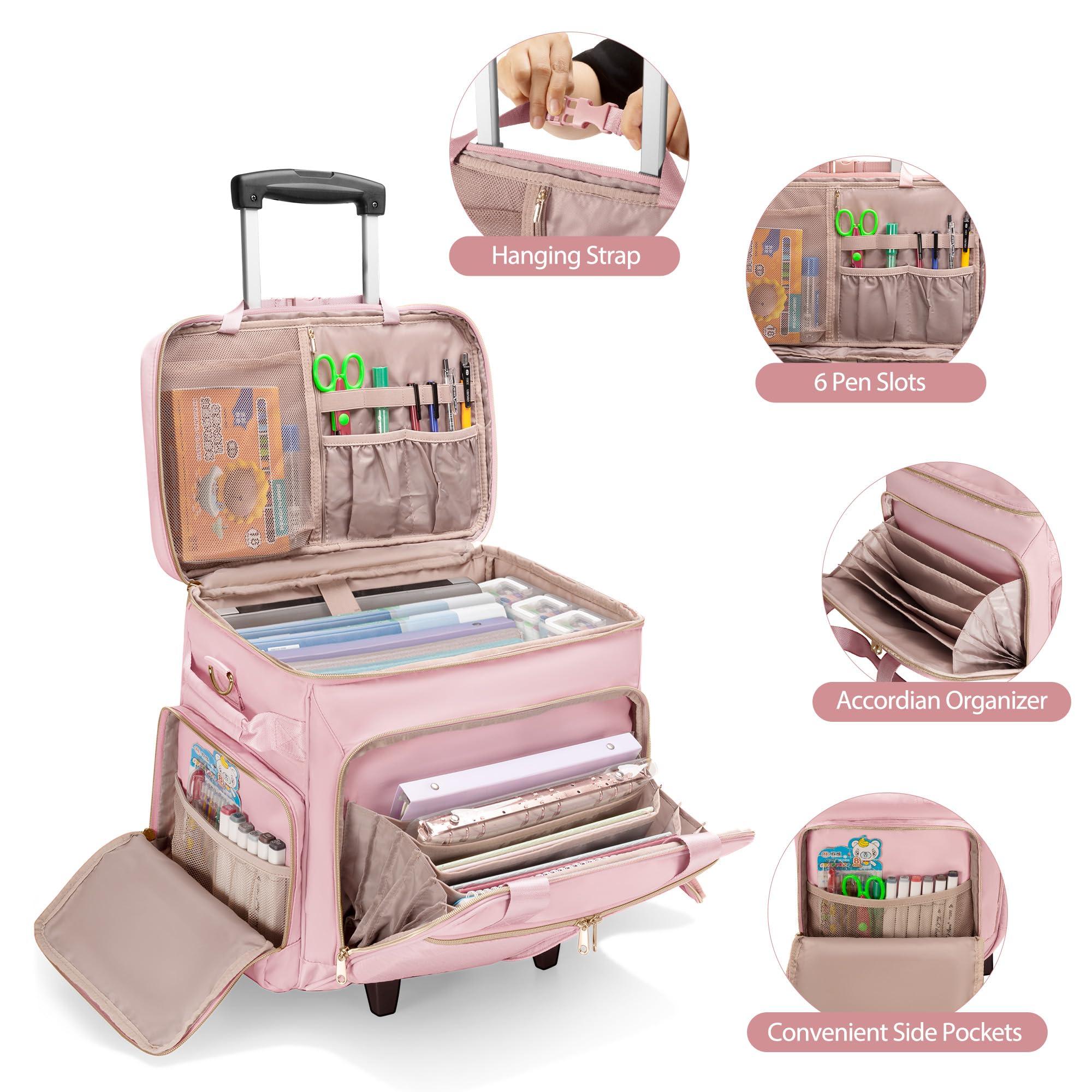 Prokva Prokva Rolling Teacher Bag with Wheels, Teacher Tote Bag with Detachable Trolley, Fits for 15.6" Laptop, Pink (Patent Design)