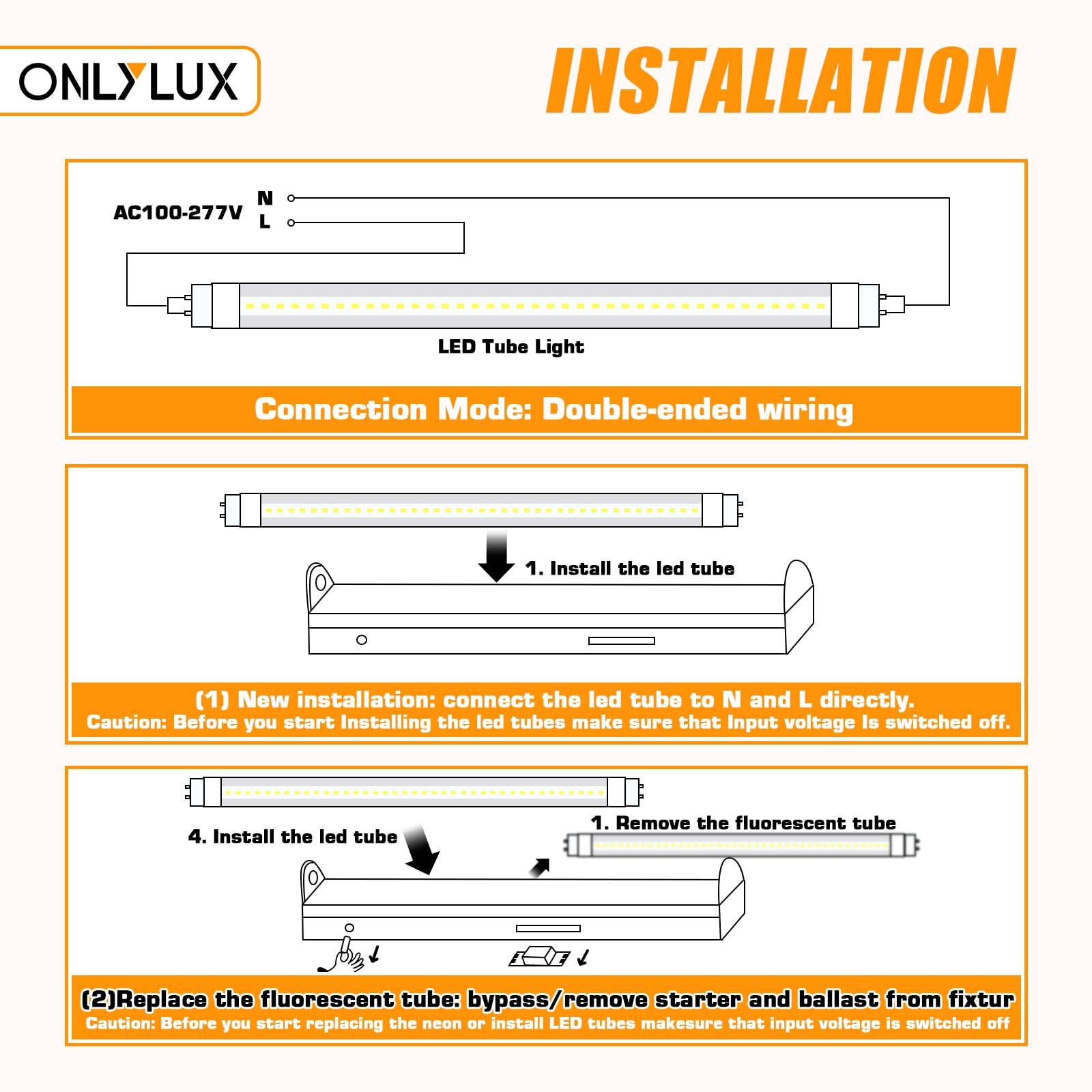 ONLYLUX ONLYLUX 8ft R17D LED Tube Light, F96t12 HO 8 Foot Led Bulbs, 96\'\' 8ft led Shop Light to Replace T8 T12 Fluorescent Light Bulbs, 100-277V Input, 4800LM, Cold White 6000K, Clear Lens (10 Pack)