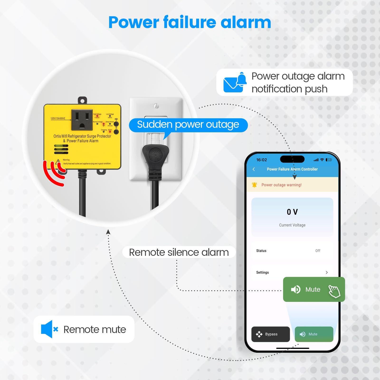 Ortis Wi-Fi Smart Power Failure Alarm with Surge Protector, Remotely Monitor and Control Your Refrigerator Via App, Ensuring The Safety of Refrigerator and Food Stored Inside, Yellow