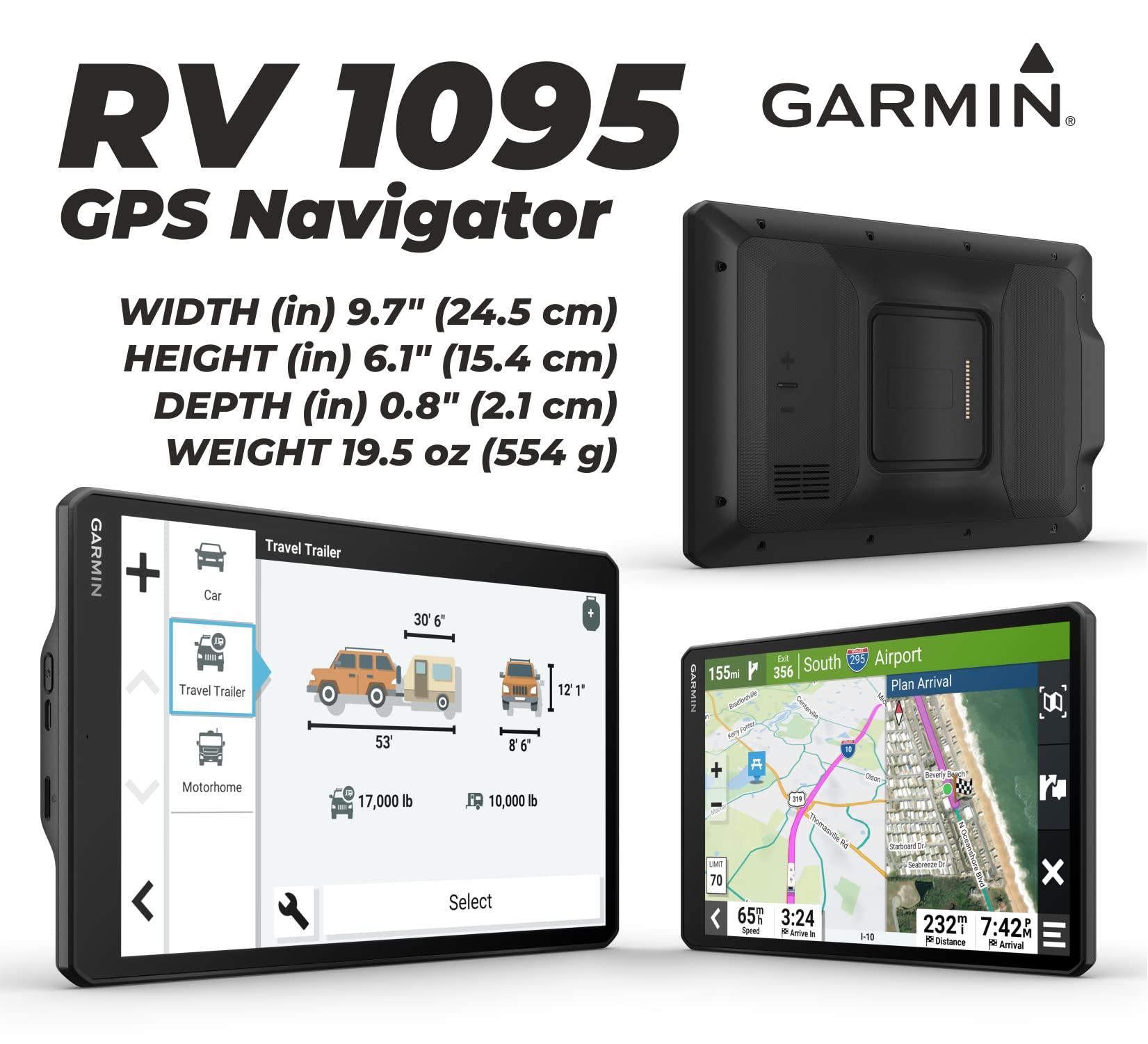 Wearable4U Garmin RV 1095 GPS Navigator, Extra-Large 10in Display in Landscape or Portrait Mode, Custom RV Routing, High-Resolution Birdseye Satellite Imagery and Power Pack Bundle