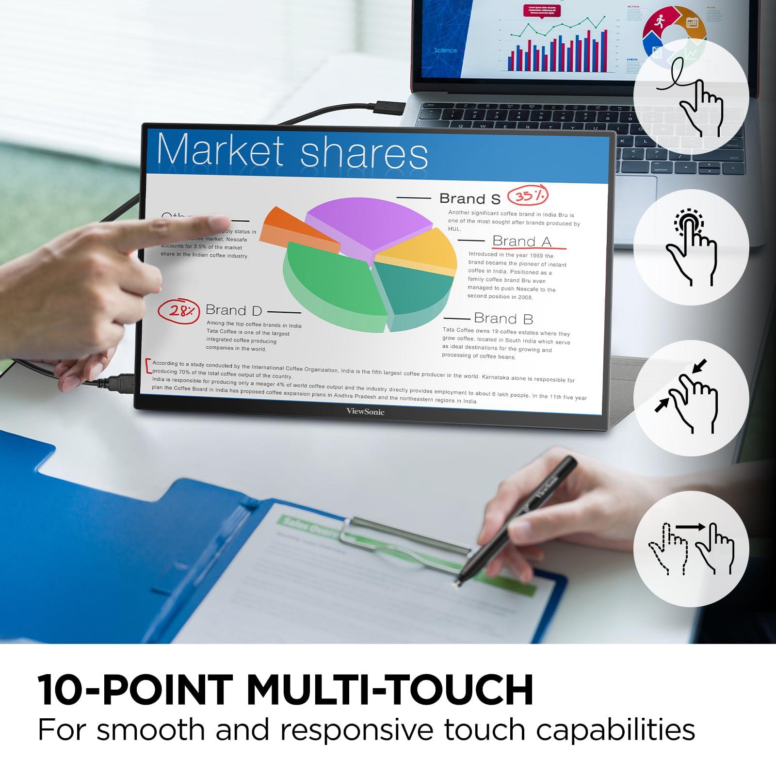 ViewSonic ViewSonic TD1656-2K 16 Inch WQXGA 1600p IPS Touchscreen Portable Monitor with 2 Way Powered 65W USB C, and Smart Cover with Built-in Stand