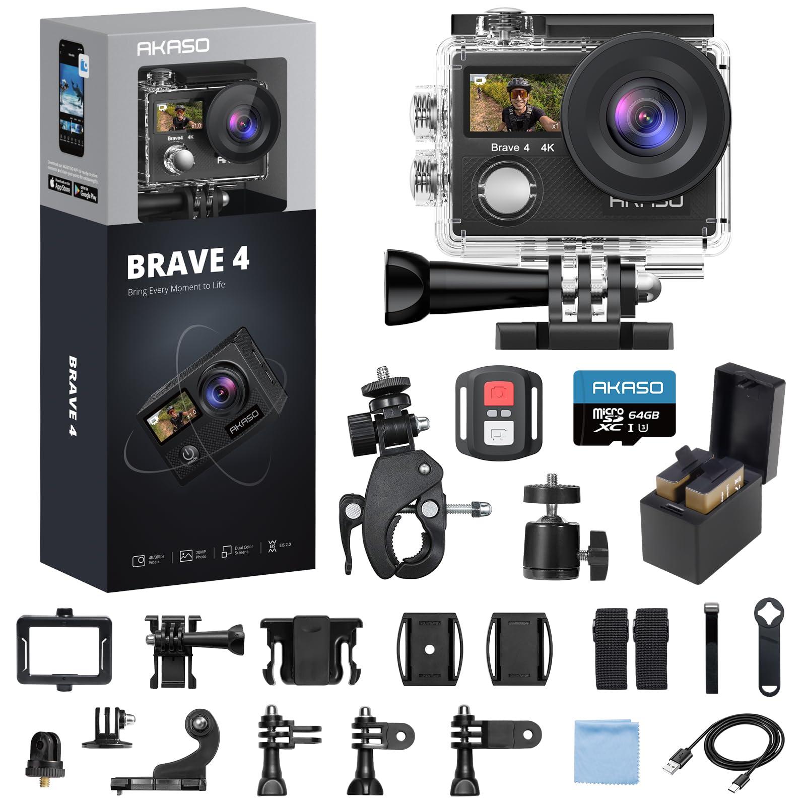 AKASO AKASO Brave 4 Action Camera with 64GB MicroSDXC Memory Card and 1.2M Selfie Stick and a Tripod Bundle