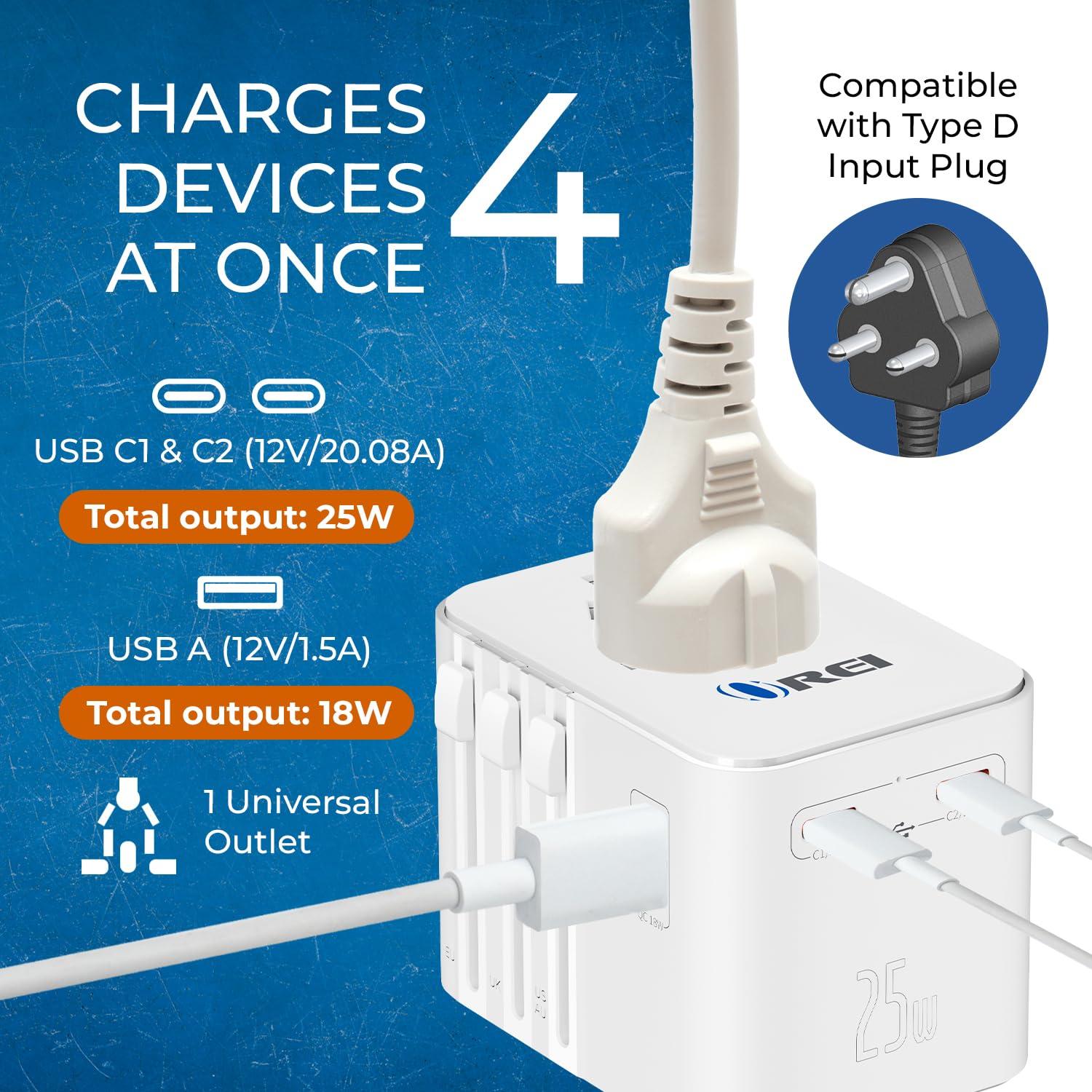 OREI OREI World Travel Plug Adapter - 2 USB + 1 Universal Outlets - Slots for Europe, Asia, China, Japan, Africa - Perfect for Cell Phones, Tablets, Cameras and More