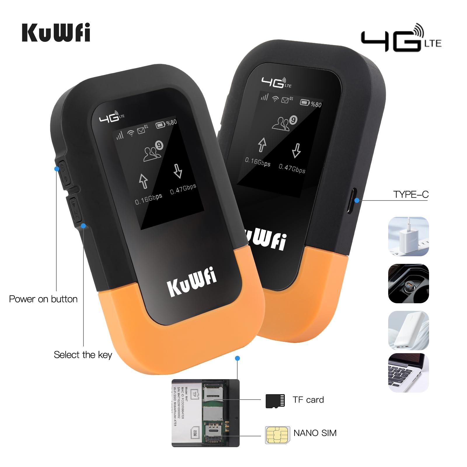 KuWFi KuWFi 4G LTE WiFi Mobile Hotspot Device, 150Mbps WiFi Hotspot Portable Travel Router Includes 2G Data, Portable WiFi Hotspot for Travel Support 10 Devices, AT&T T-Mobile, B2/B4/B5/B12/B13/B66