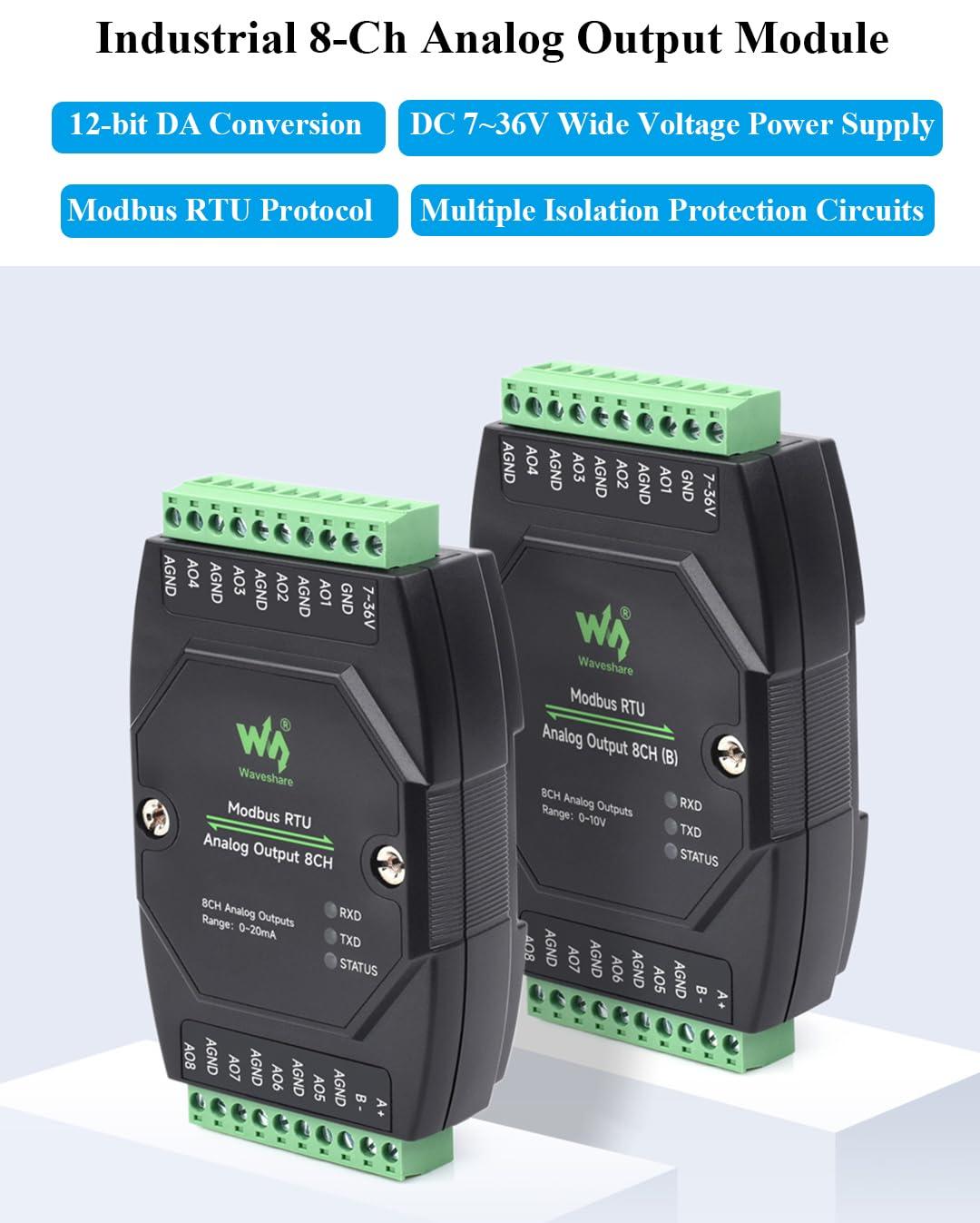 UeeKKoo Industrial 8-Ch Analog Output Module 12-bit DA Conversion DC 7~36V Wide Voltage Power Supply, Sending Modbus RTU Protocol Commands via RS485, 8-CH Simultaneous Current Output (0~20mA)