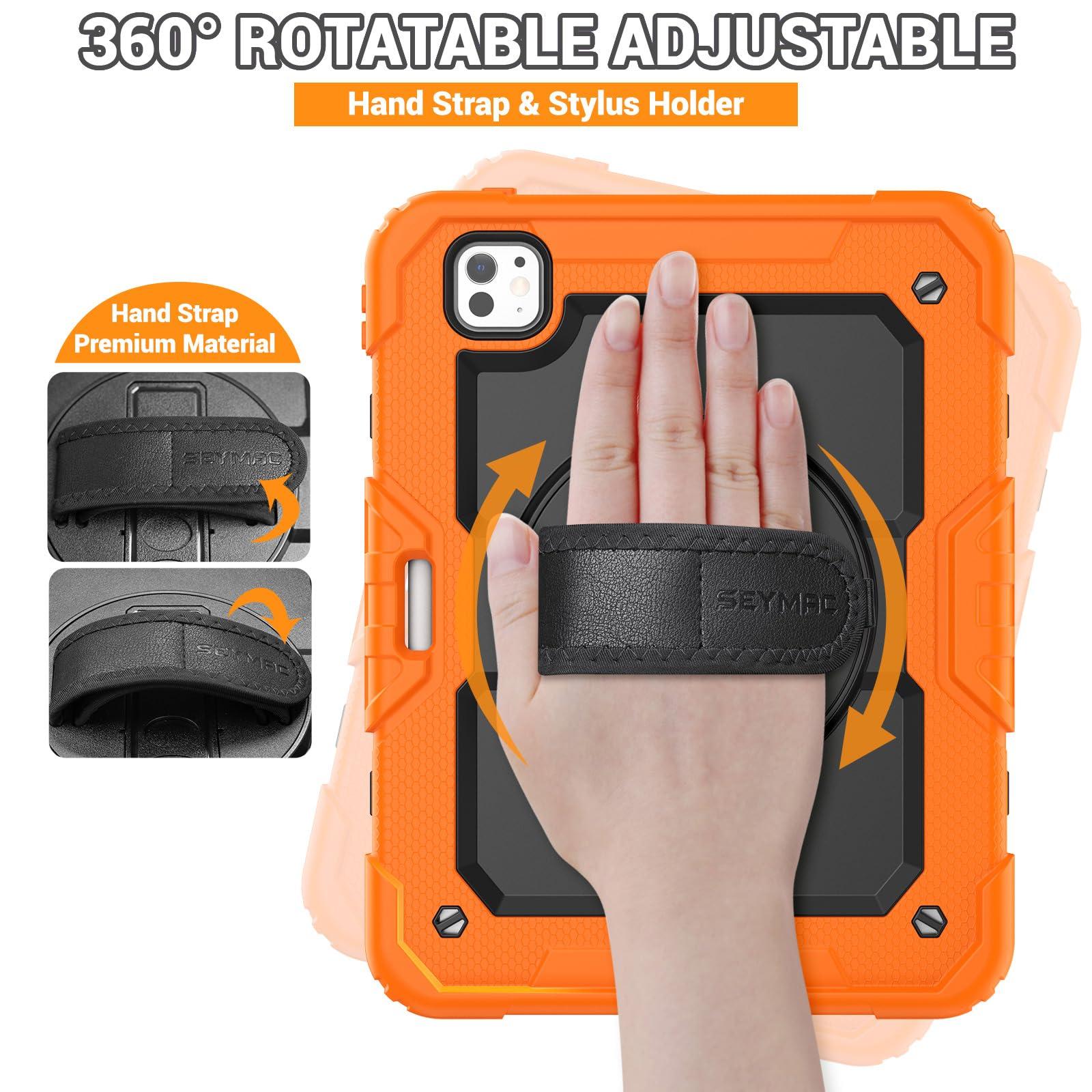 SEYMAC SEYMAC for iPad Pro 11 Inch Case 2024 (M4), Heavy Duty Shockproof Protective Case with Screen Protector, 360 Rotating Stand, Hand/Shoulder Strap and Pen Holder for iPad Pro 11 2024, Orange