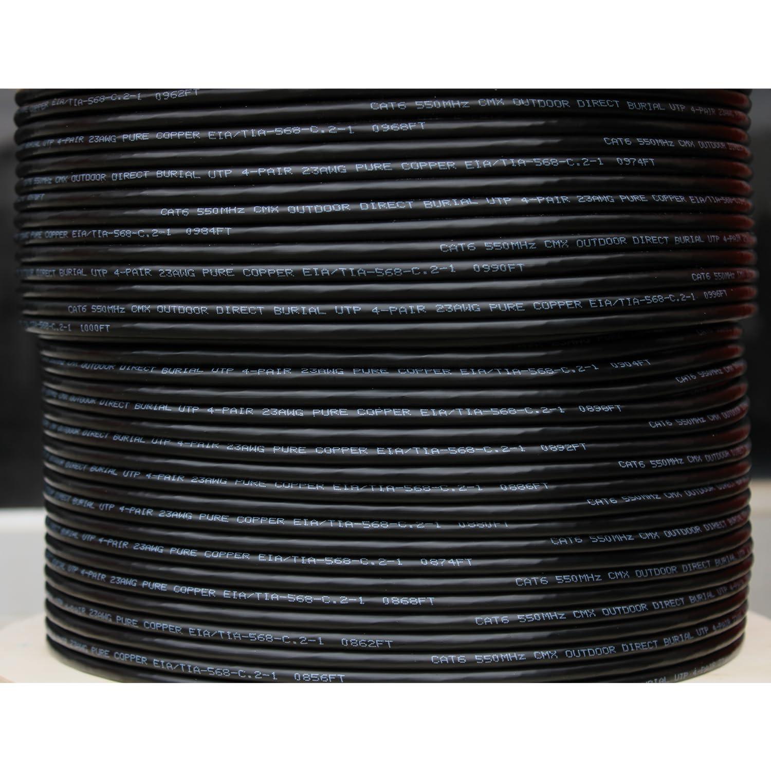 Turnstone Cables Cat6 Outdoor (CMX), 1000ft, 23AWG | 100% Solid Bare Copper | 550MHz | Unshielded Twisted Pair (UTP) Bulk Ethernet Cable (Cat6 Outdoor Black)