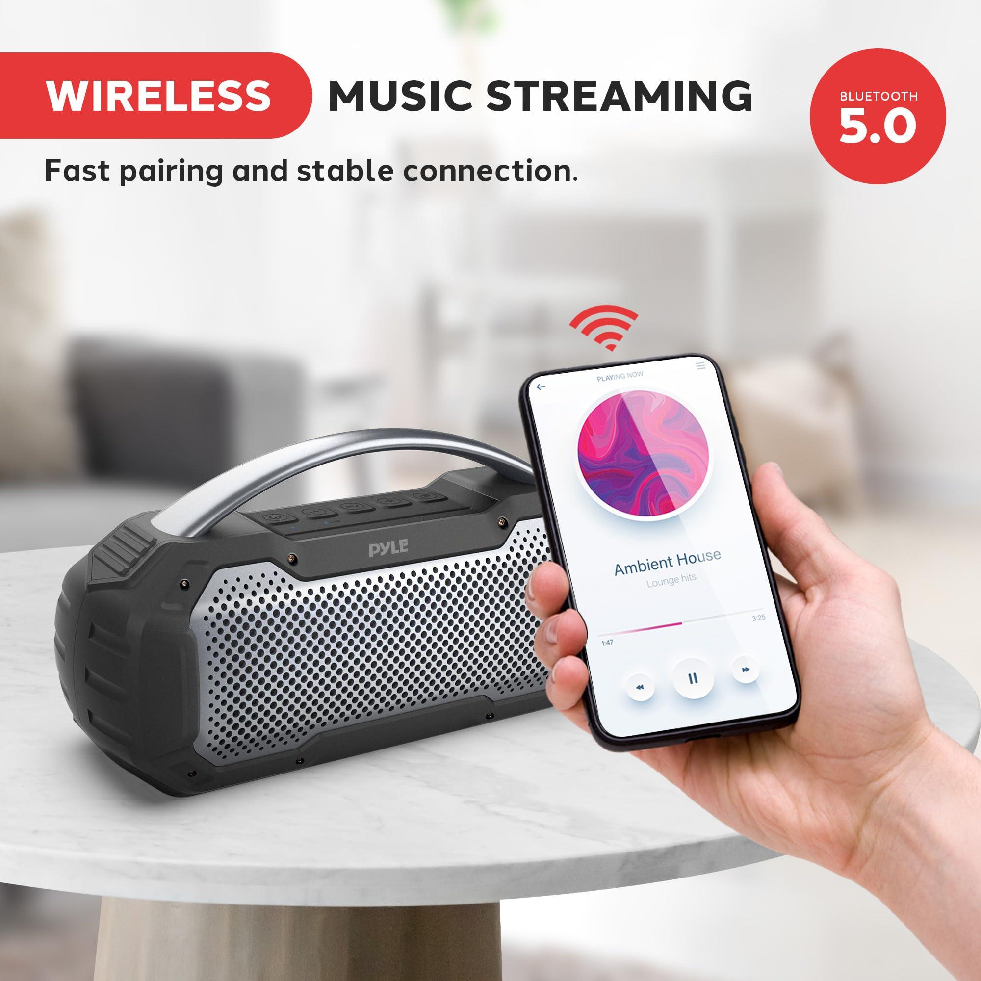 Pyle Pyle Portable Wireless Bluetooth Loud Streaming Speaker w/Deep Bass Hands-Free Microphone w/TWS Stereo Sound Function - IPX6 Waterproof Outdoor Speaker, 8H Playtime, AUX, BT Range 32+ ft - PCMPSB1BK