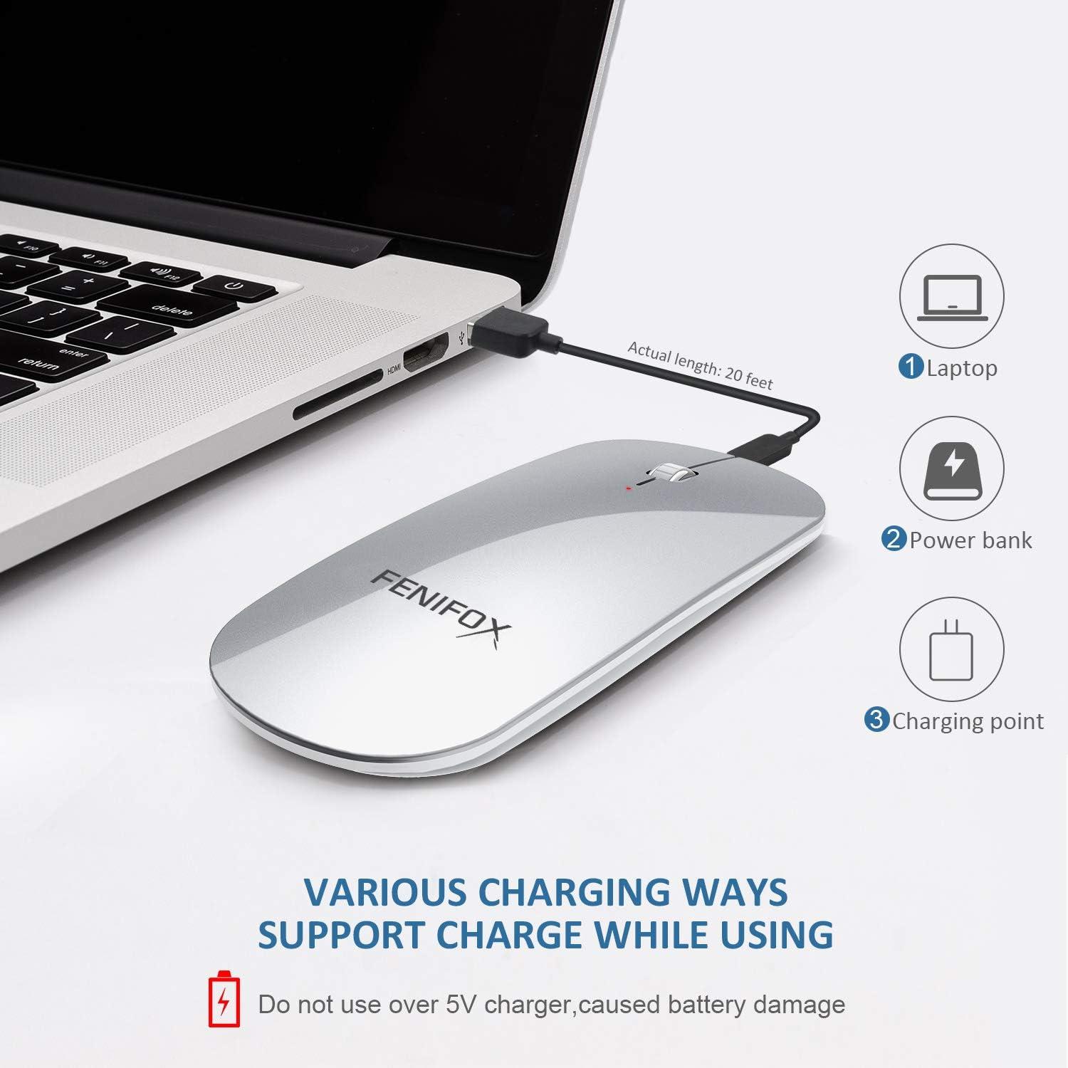 FENIFOX FENIFOX Bluetooth Mouse, Slim Mini Portable Flat Travel Wireless Mouse Rechargeable Quiet Ultra-Thin Mice Compatible with Laptop,Tablet,Notebook,PC (Silver and White)