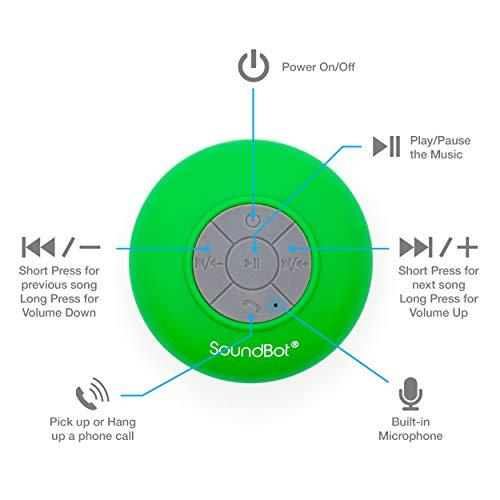 Soundbot Soundbot SB510 HD Water Resistant Bluetooth Shower Speaker, Handsfree Portable Speakerphone with Built-in Mic, 6hrs of Playtime, Control Buttons and Dedicated Suction Cup for Showers (Green)