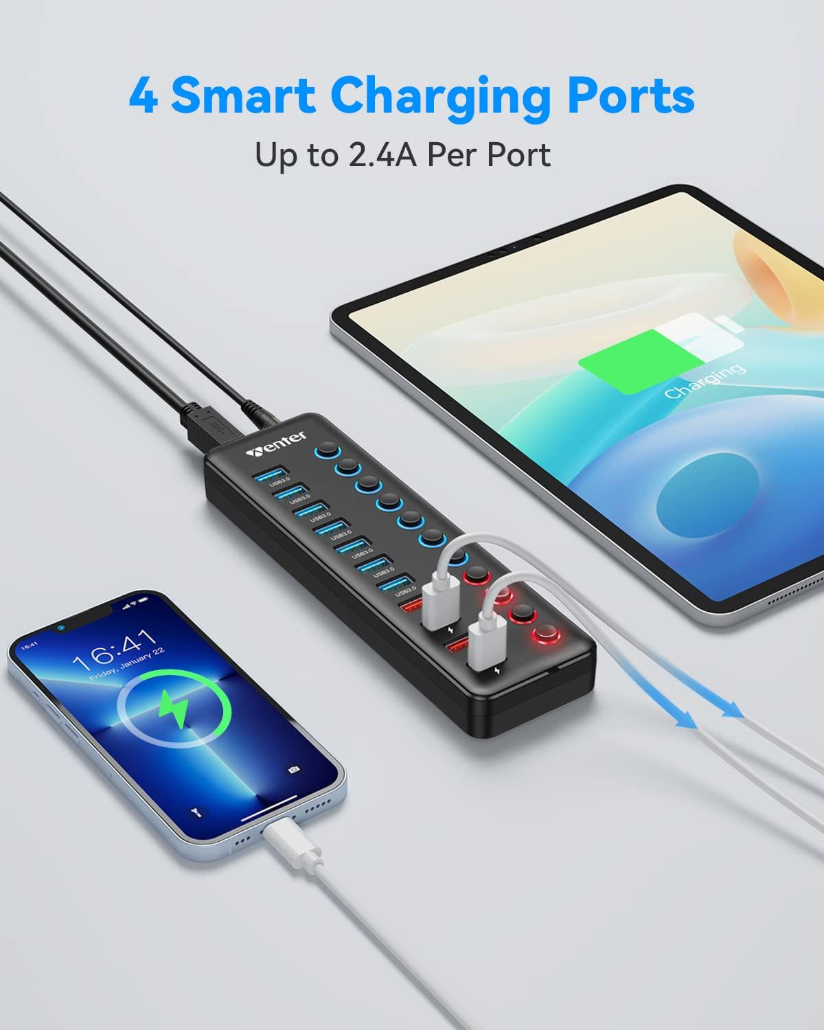 WENTER Powered USB 3.0 Hub, Wenter 11-Port Hub Splitter (7 Faster Data Transfer Ports+ 4 Smart Charging Ports) with Individual LED On/Off Switches, Power Adapter for Mac, PC