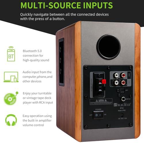SINGING WOOD SINGING WOOD BT25 (2024 Version) Bluetooth Active Bookshelf Speakers with Optical Aux inputs Subwoofer Line Out for PC, TVs, Turntable, Wooden Enclosure,80W-Beech Wood