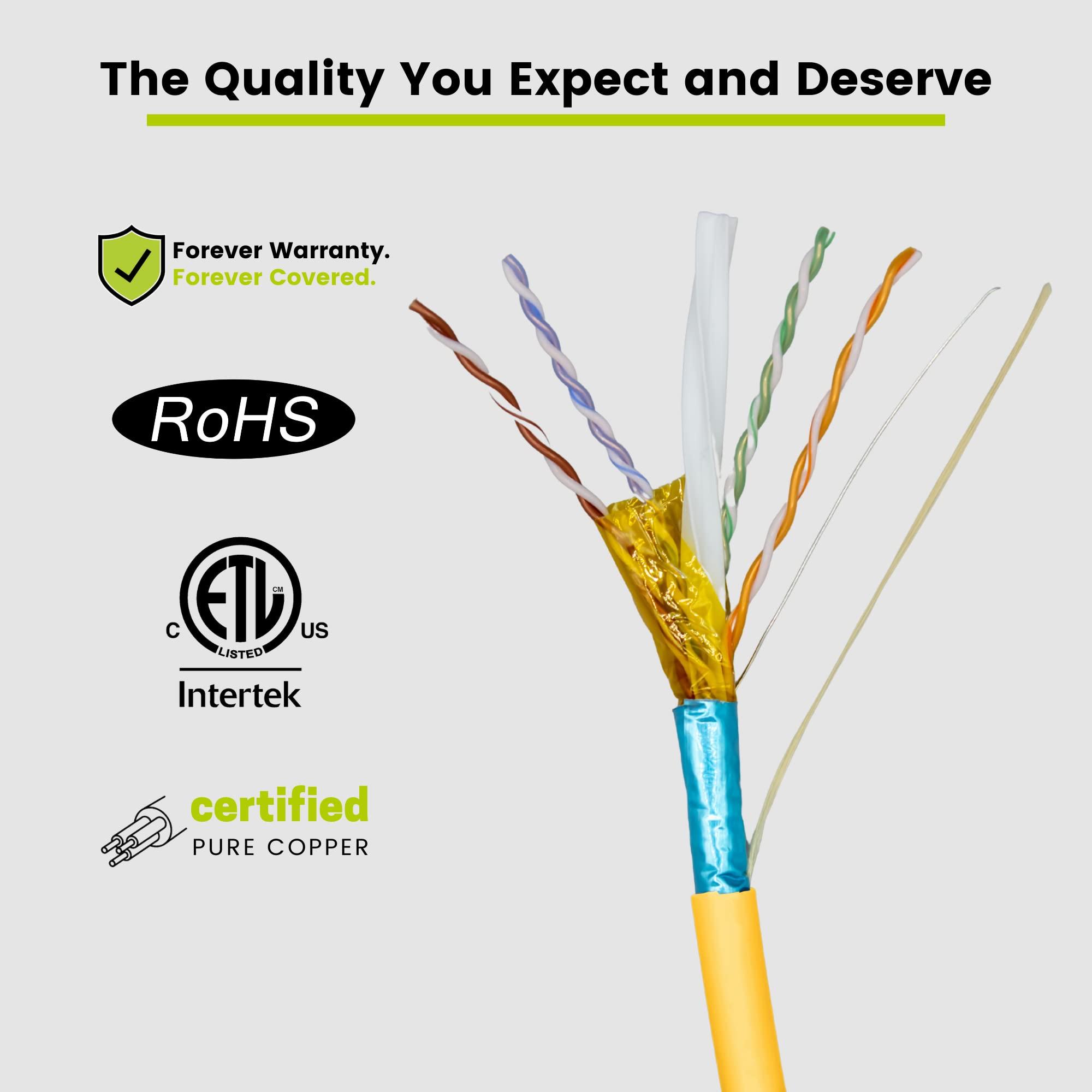 TRUE CABLE trueCABLE Cat6 Plenum Shielded (CMP), 1000ft, Yellow, 23AWG Solid Bare Copper, 550MHz, PoE++ (4PPoE), ETL Listed, Overall Aluminum Foil Shield (F/UTP), Bulk Ethernet Cable