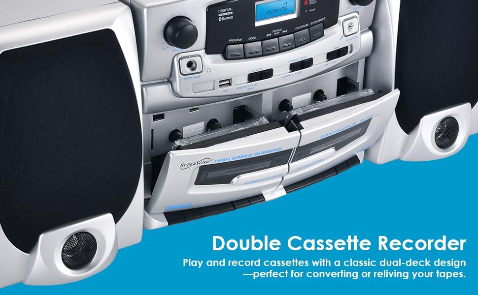 Supersonic Supersonic SC-2121BT Bluetooth Entertainment Audio System, Bluetooth 5.0, op Loading MP3/CD Player, AM/FM Radio, USB Input, Double Cassette Recorder, High-Performance Detachable Speakers, AC/DC