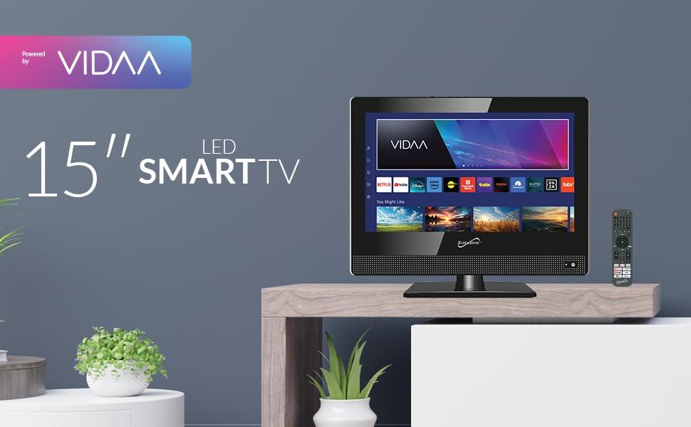Supersonic Supersonic SC-1520VTV 15.6 inch Smart AC/DC LED TV, Powered by VIDAA, 1080p, WiFi, Built-in Speakers, USB, 3X HDMI ARC, For Kitchen, RV, Boat, Truck, Playroom, Room, Remote, DC Car Cord INCLUDED-Black