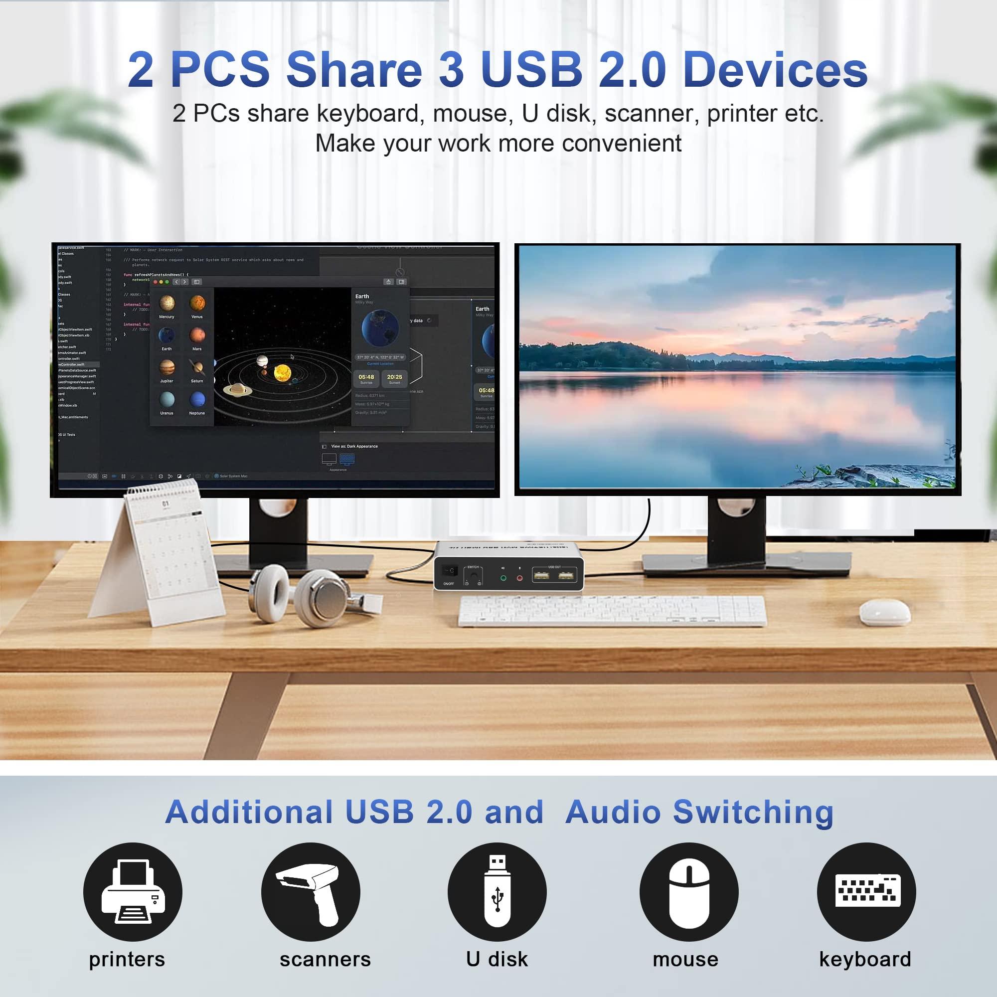 Arkidyn Plus DisplayPort KVM Switch Dual Monitors for 2 Computers 4K@60Hz 2 in 2 Out Displayport KVM Switch with Audio Microphone Output and 3 USB Ports, Keyboard Mouse Displayport Dual Monitor KVM