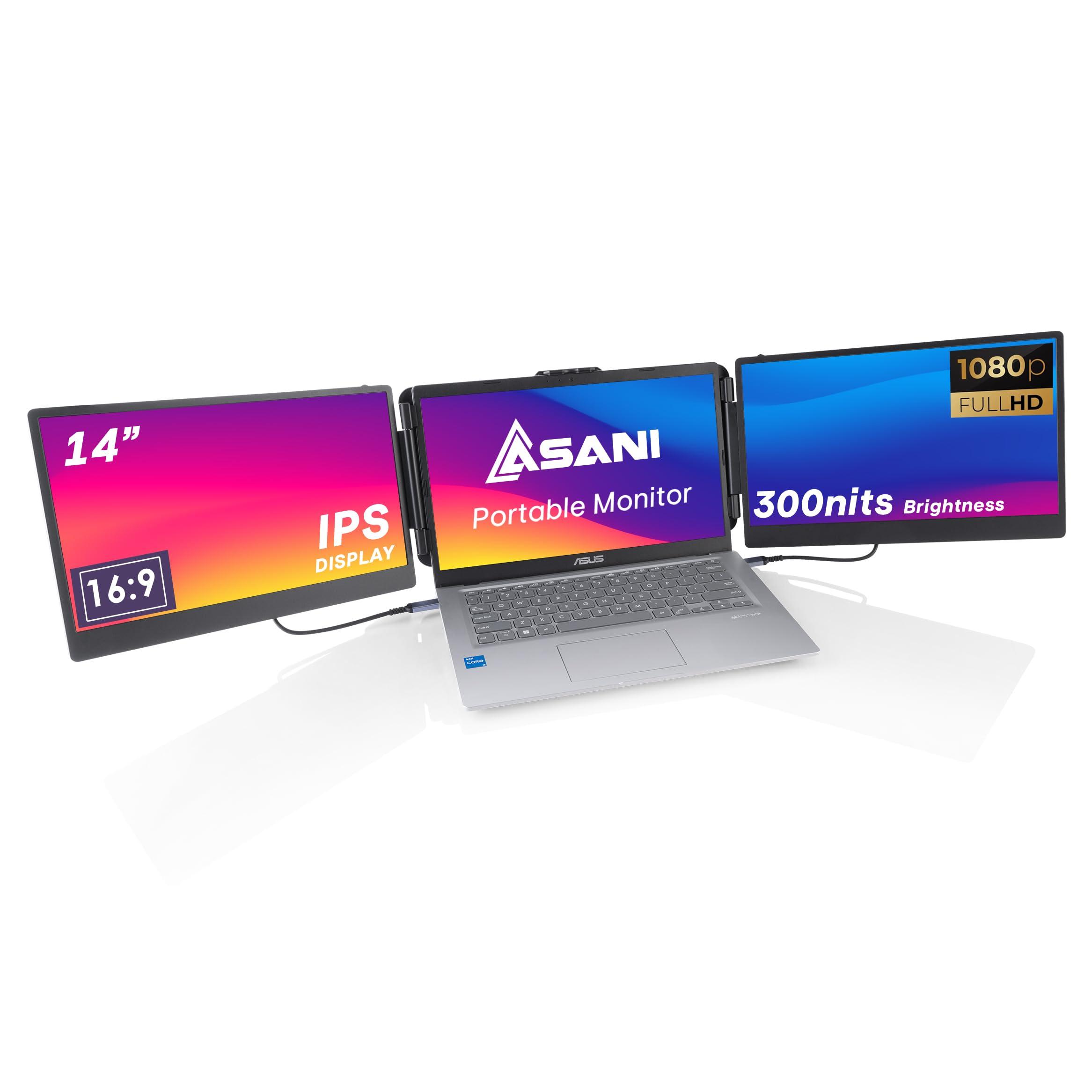 Asani Asani 14" Portable Monitor - Full HD Tri-Screen Extender for Laptops, USB Type-C plus HDMI, Plug and Play, Compatible with 13"-17" Laptops, 1080P IPS Panel Display, 300nits Brightness, MacOS & Windows