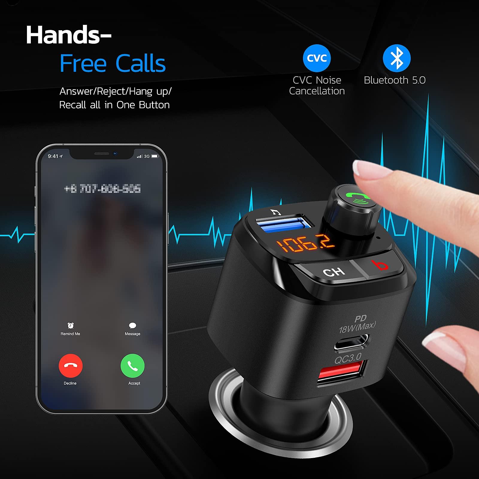 Nulaxy Nulaxy Bluetooth 5.0 FM Transmitter for Car, QC3.0 & USB-C PD 18W Wireless Bluetooth Radio Adapter Music Player/Car Kit with Bass Booster, Hands-Free Calls-NX12