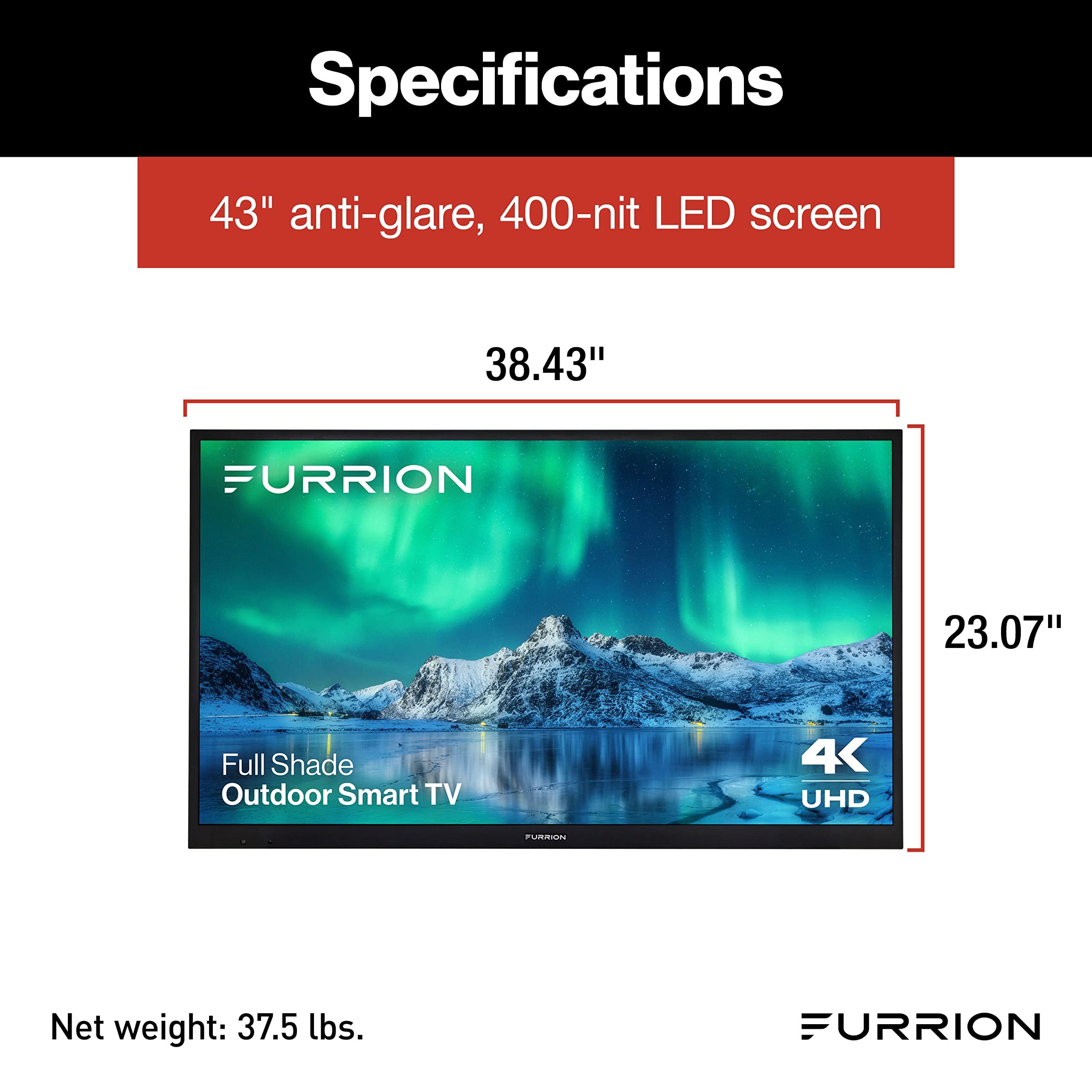 Furrion Furrion Aurora 43-Inch Full-Shade 4K LED Outdoor Smart TV - Weatherproof Outdoor Television w/ HDR10, Anti-Glare, 400-Nit LED Screen, Impact-Resistant Screen, External Antenna for Shaded Outdoor Areas