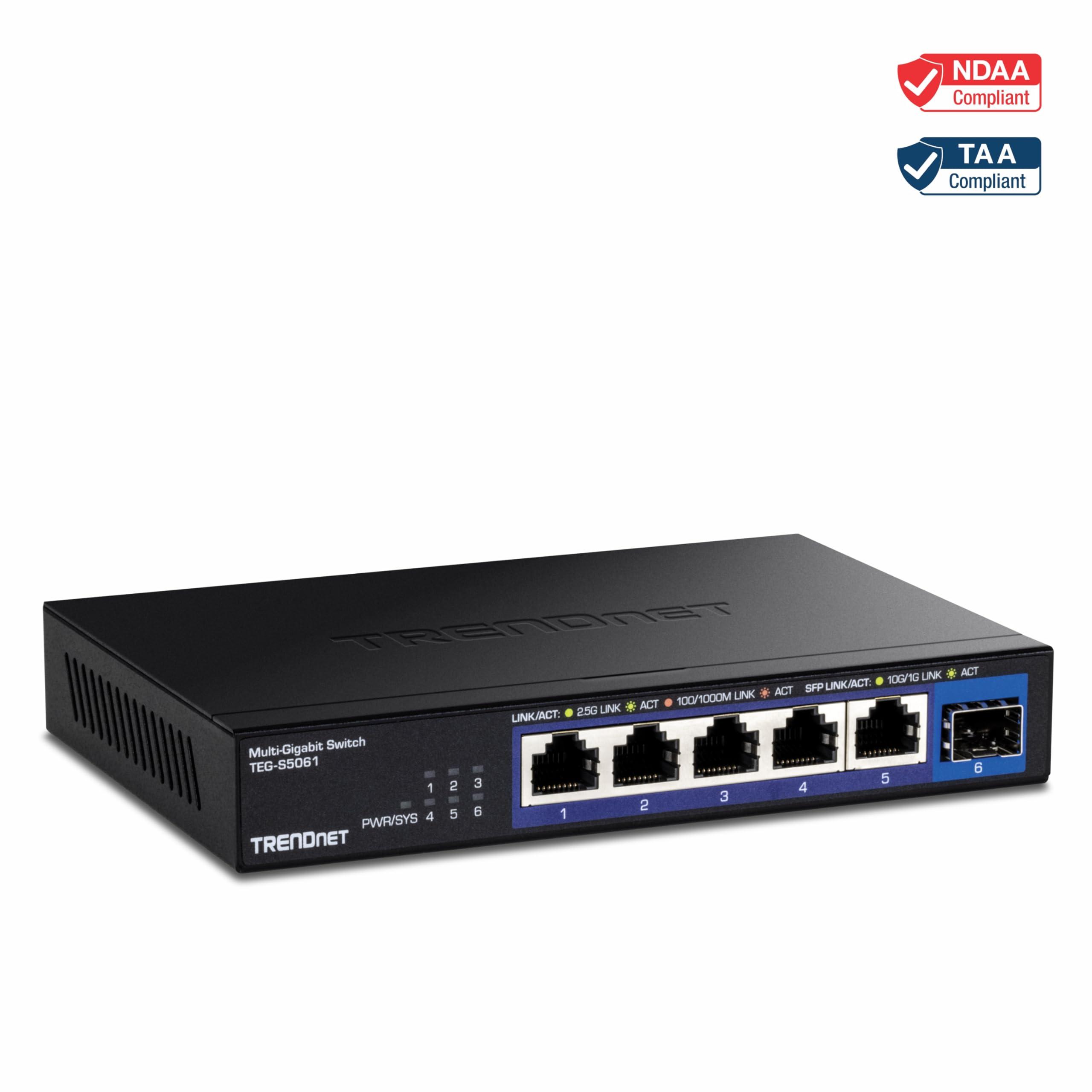TRENDnet TRENDnet 6-Port Unmanaged 2.5G Switch with 10G SFP+Port, TEG-S5061, 5 x 2.5GBASE-T Ports, 45Gbps SwitchingCapacity, Fanless, Wall Mountable,, Black (Renewed)
